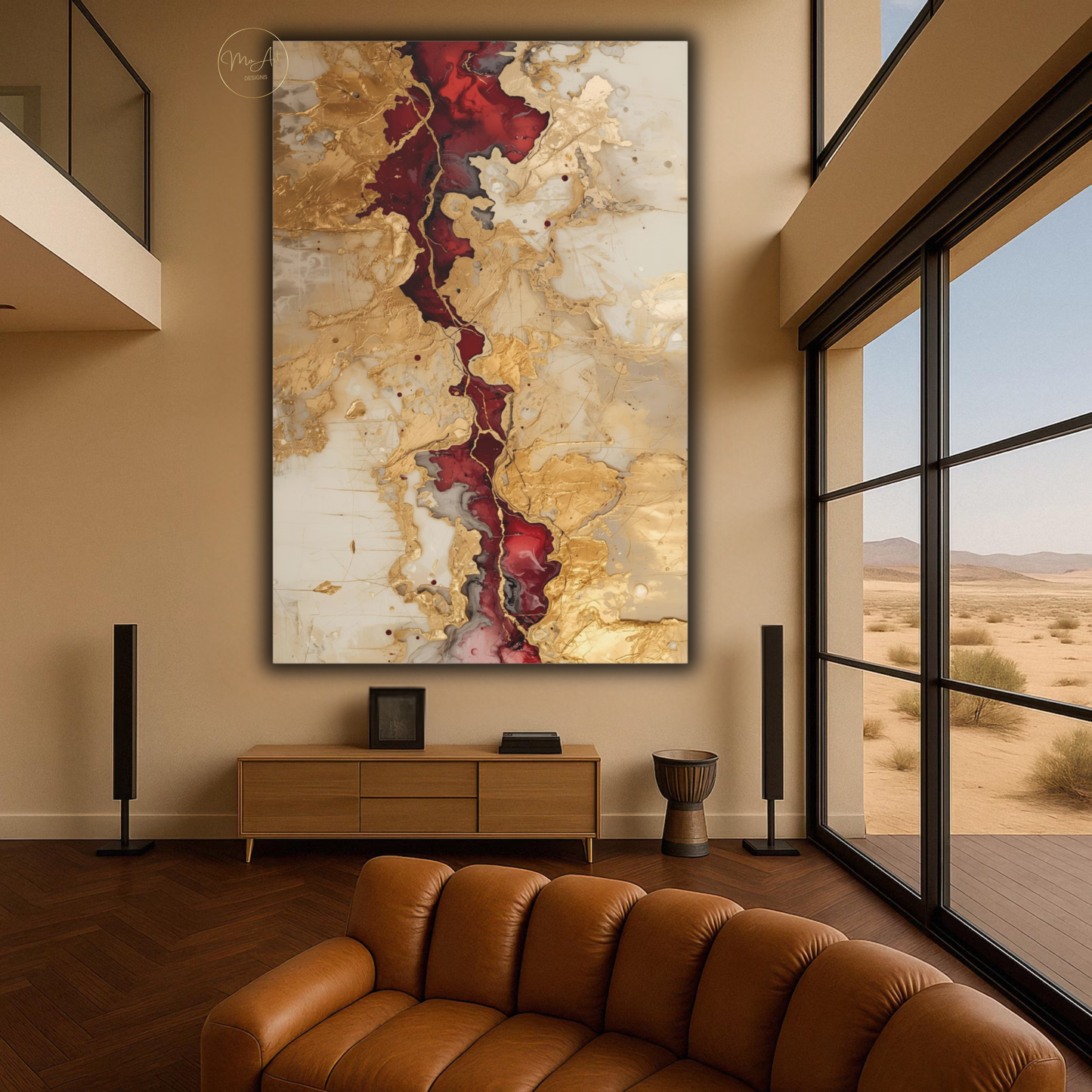 Crimson Rift – Abstract Gold Burgundy & Cream Wall Art - Vertical Canvas Print