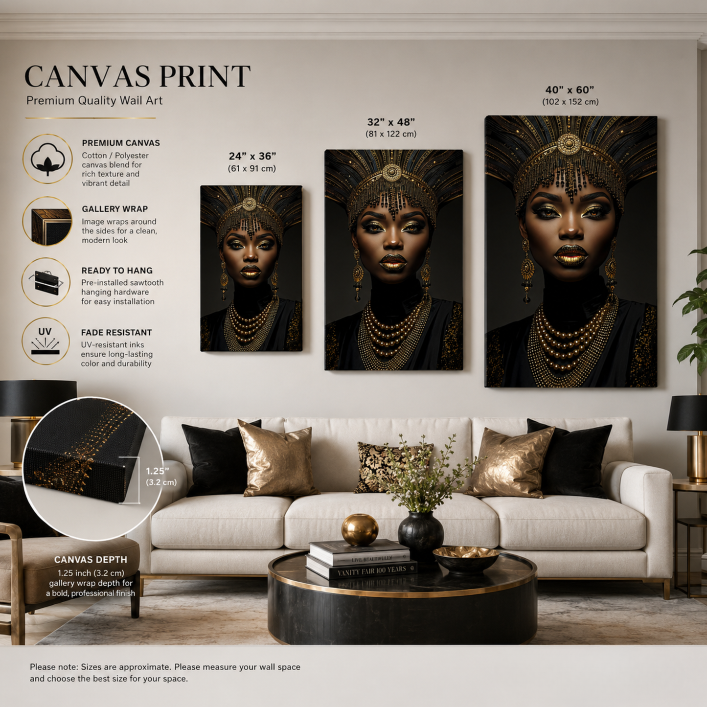 Black Woman Wall Art – African Queen Portrait Black & Gold Canvas Print | Afrocentric Luxury Wall Decor