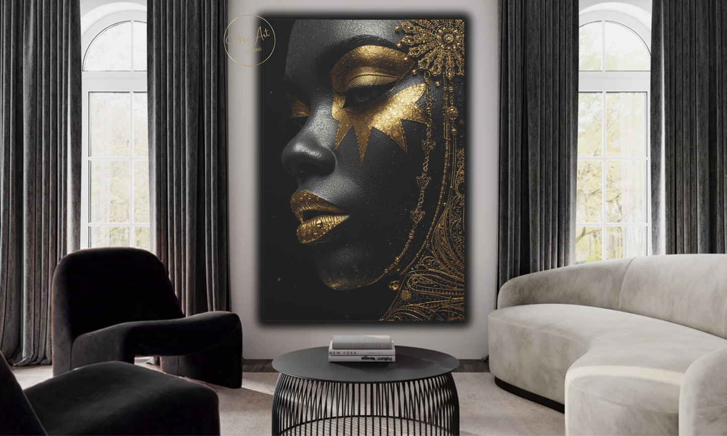 Black Woman Wall Art – Celestial Queen in Black & Gold / Canvas Print