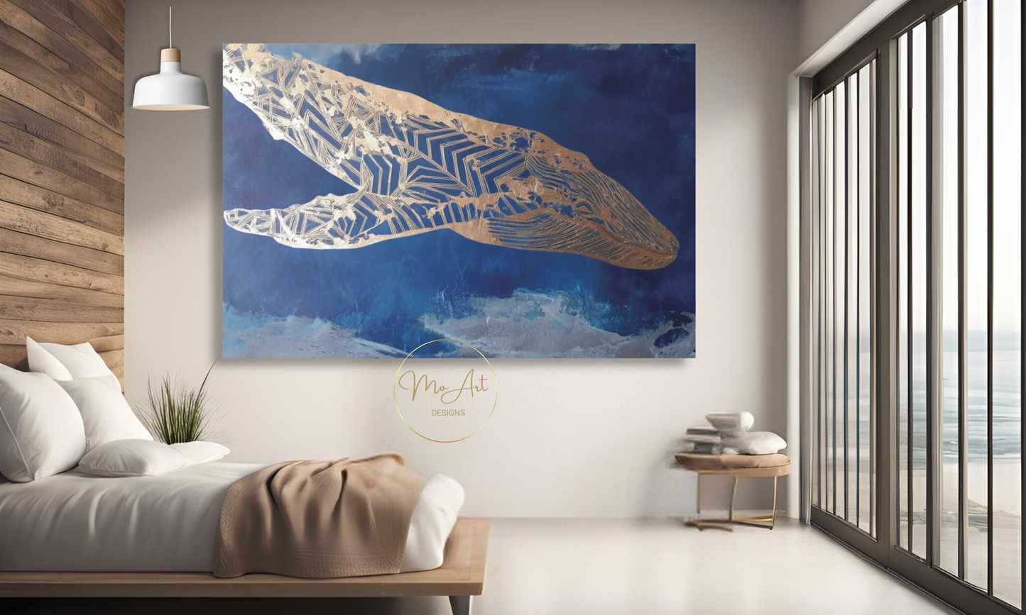 Gold and Blue Whale Abstract Canvas Wall Art