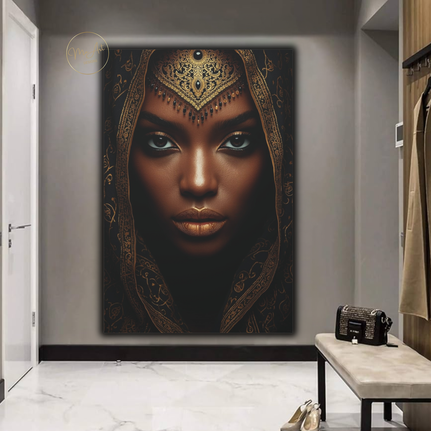 Black Woman Wall Art – African Goddess Queen | Black & Gold Luxury Canvas Print