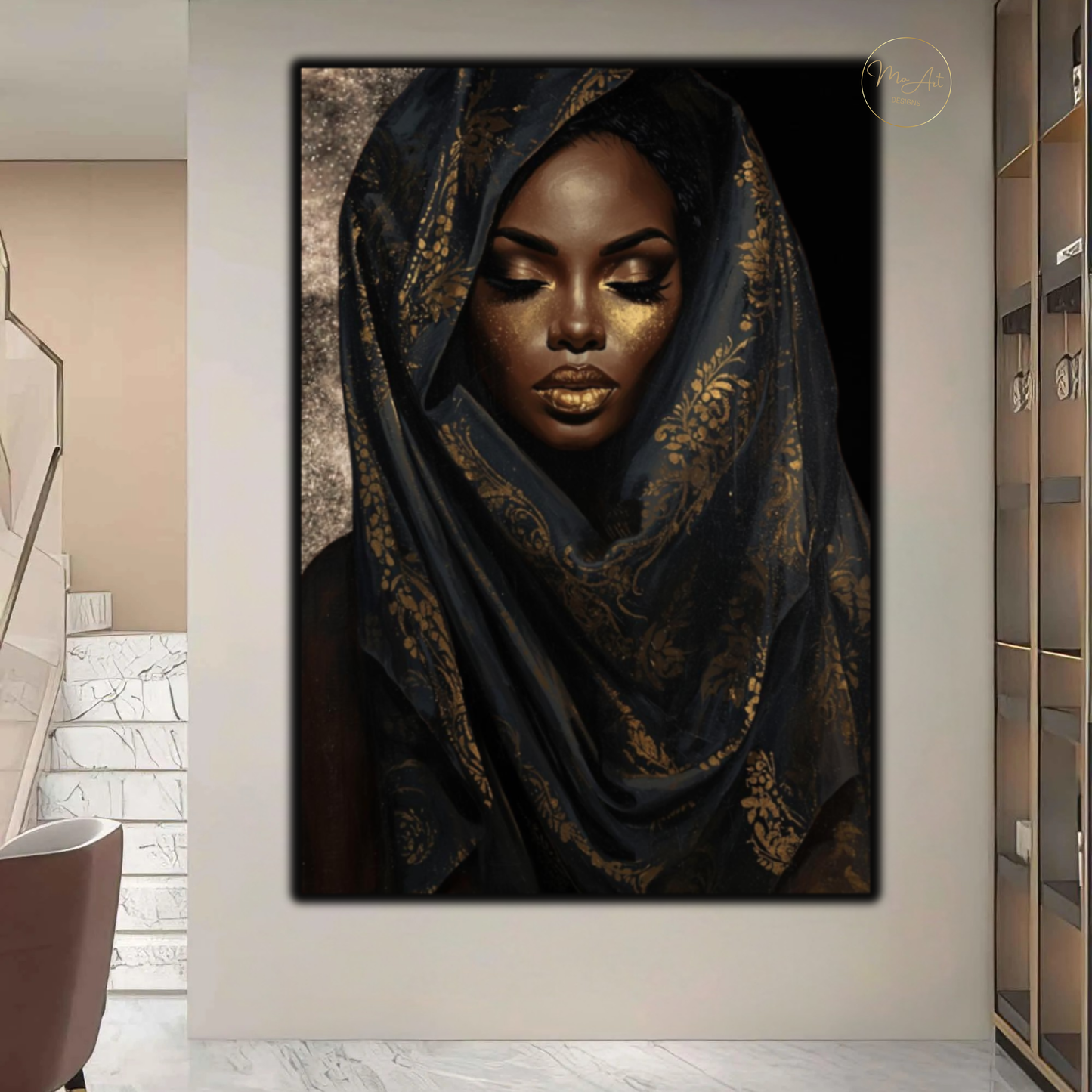 Black Woman Wall Art – Golden Veil Queen | Black & Gold Afrocentric Canvas Print