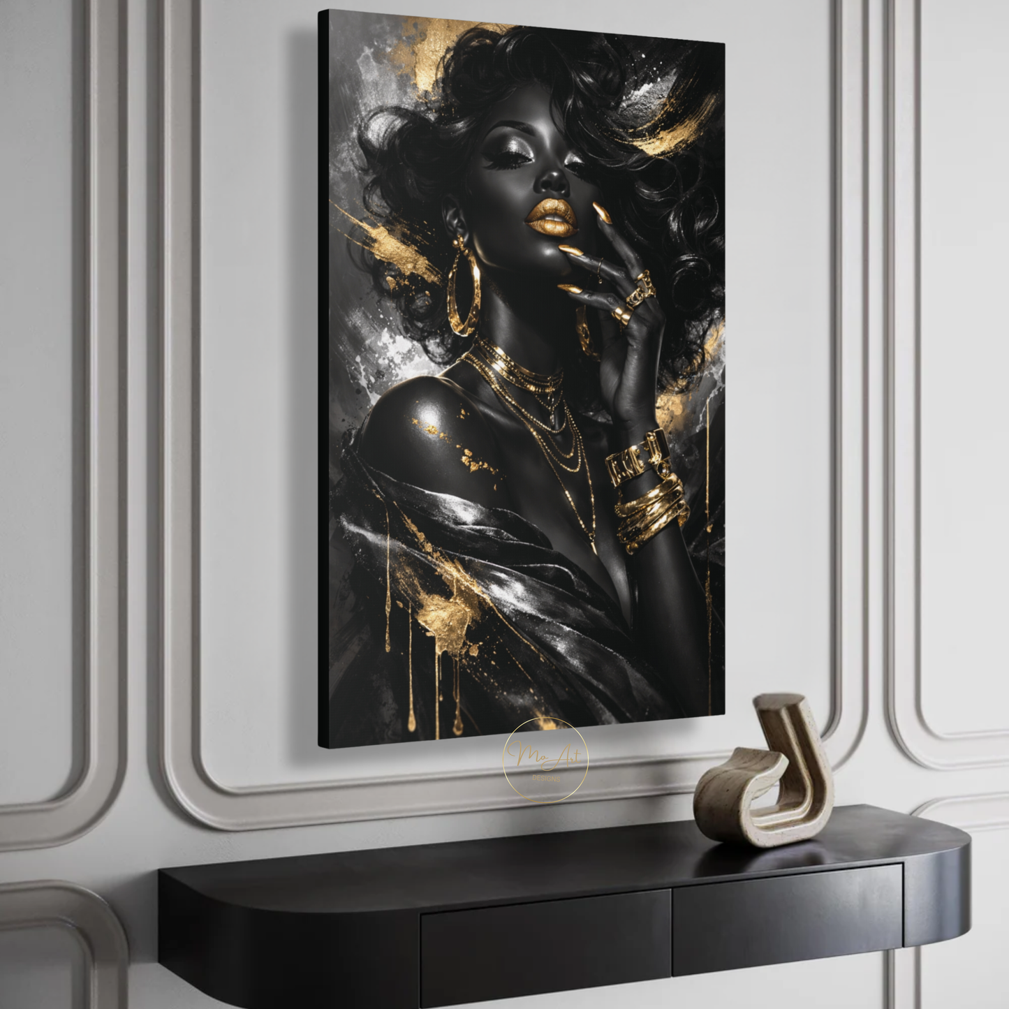 Black Woman Wall Art – Black & Silver Glam with Gold Lips | Luxury Afrocentric Canvas Print