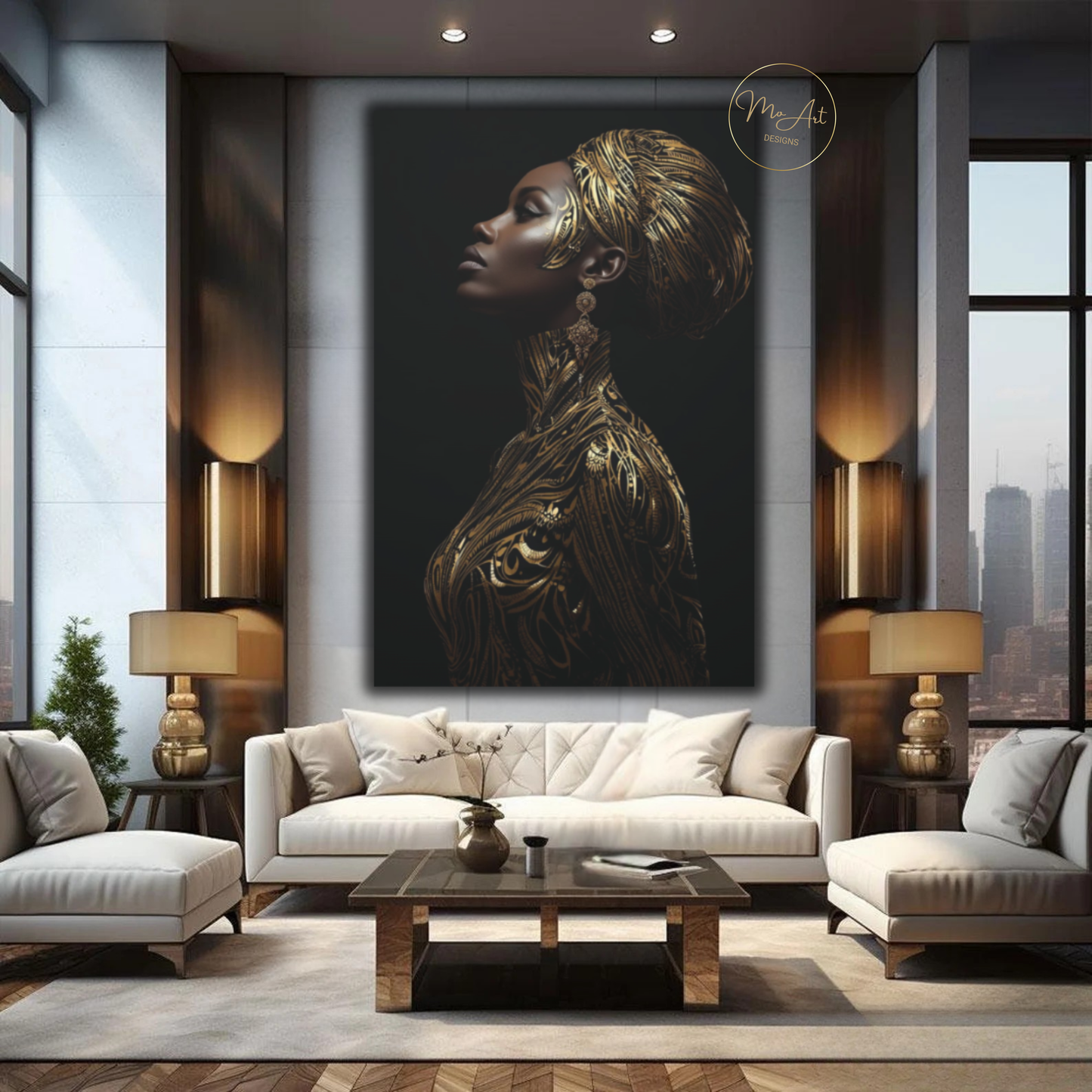 Black & Gold Woman Wall Art – Gilded Grace | Elegant Afrocentric Canvas Print