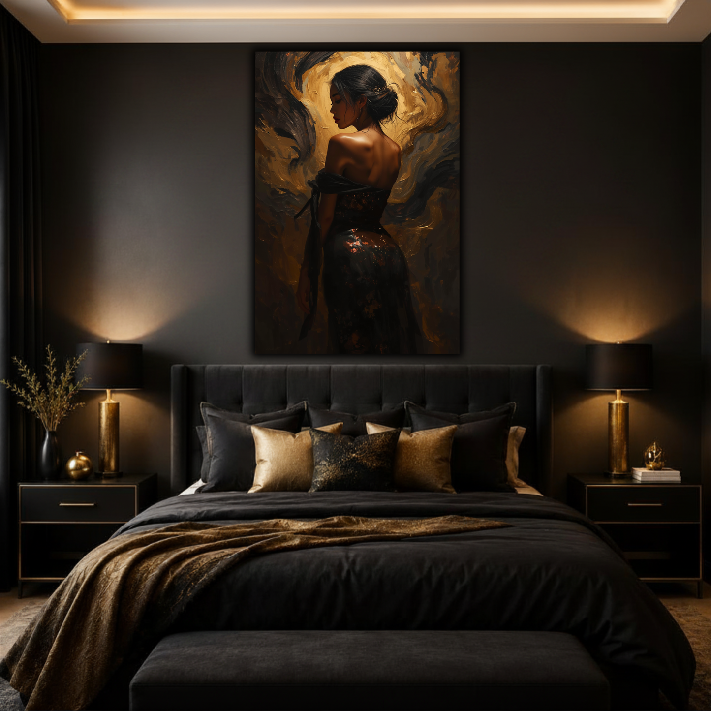 Golden Elegance Canvas Print – Luxury Abstract Female Portrait | Black, Gold & Bronze Wall Art