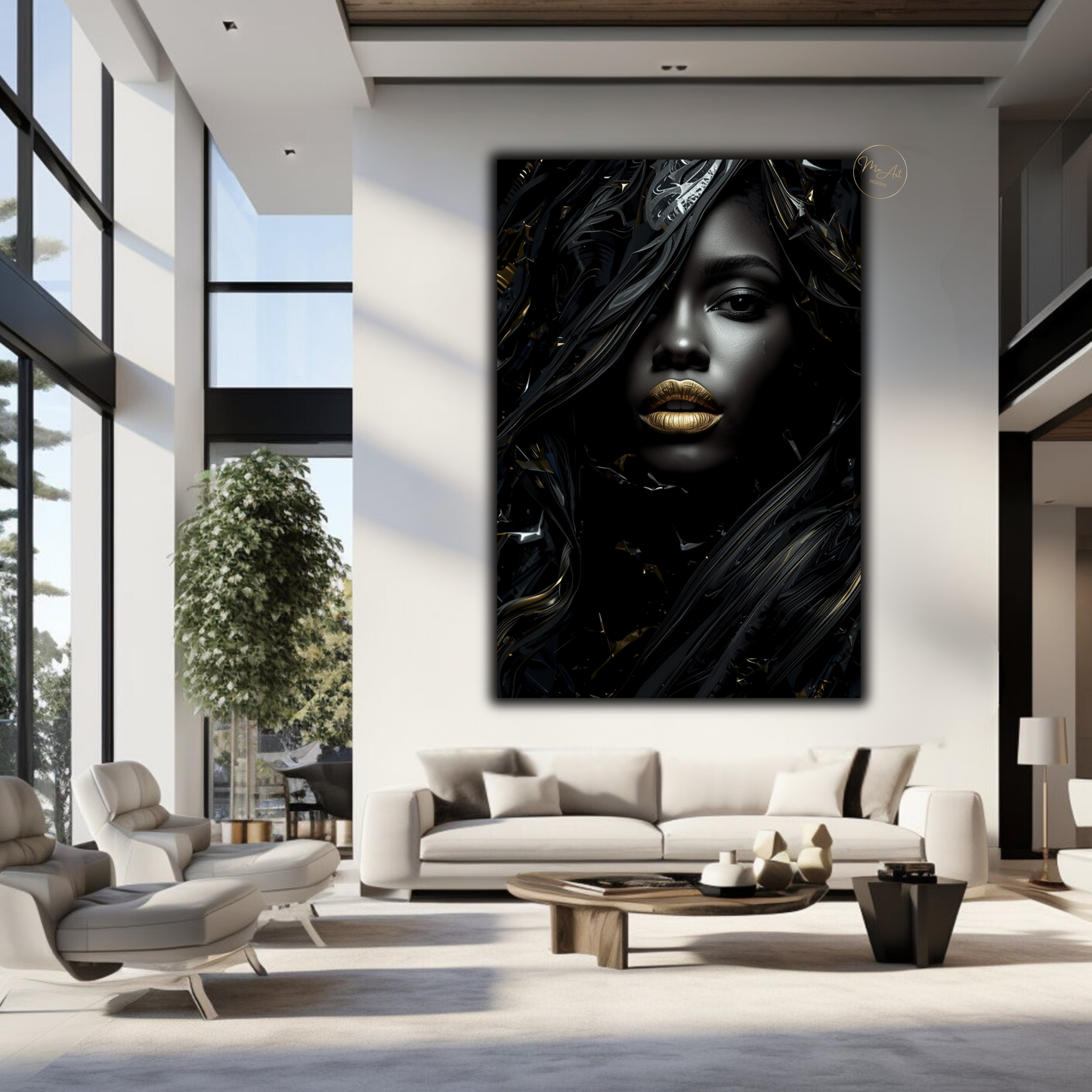 Black Woman Wall Art – Afrocentric Fashion Diva | Luxury Black & Gold Abstract Canvas Print