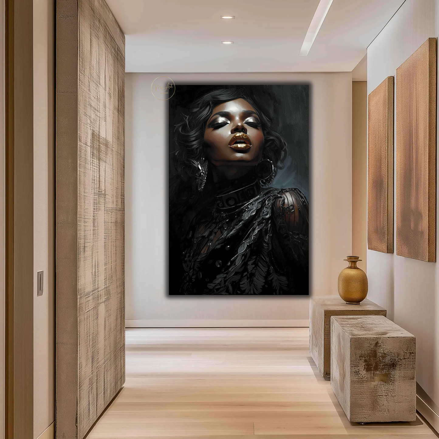 Black Woman Wall Art with Gold Lips – Elegant Afrocentric Canvas Print for Luxury Decor