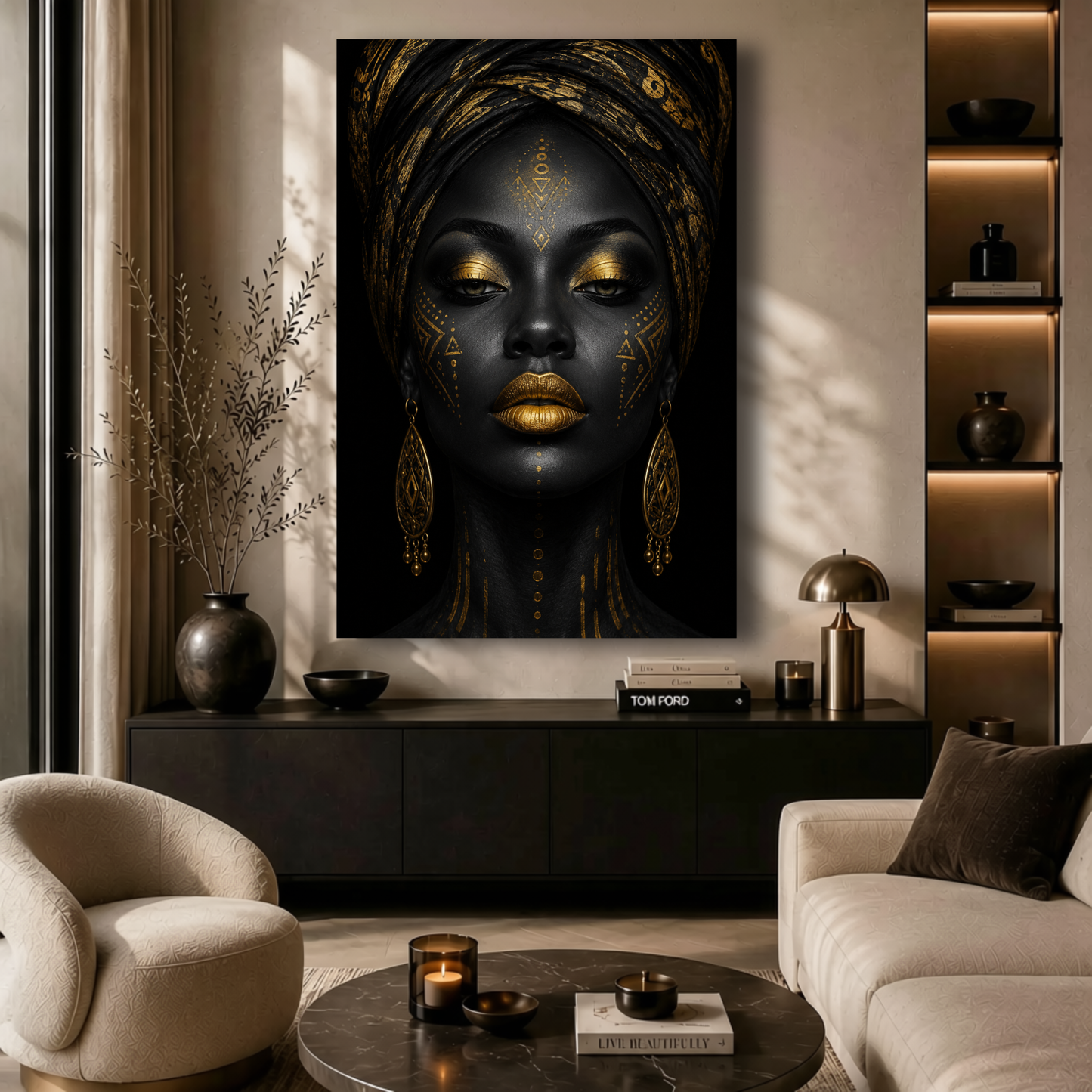 Black Woman Wall Art – Abstract Afrocentric Canvas Print | Black & Gold Wall Decor