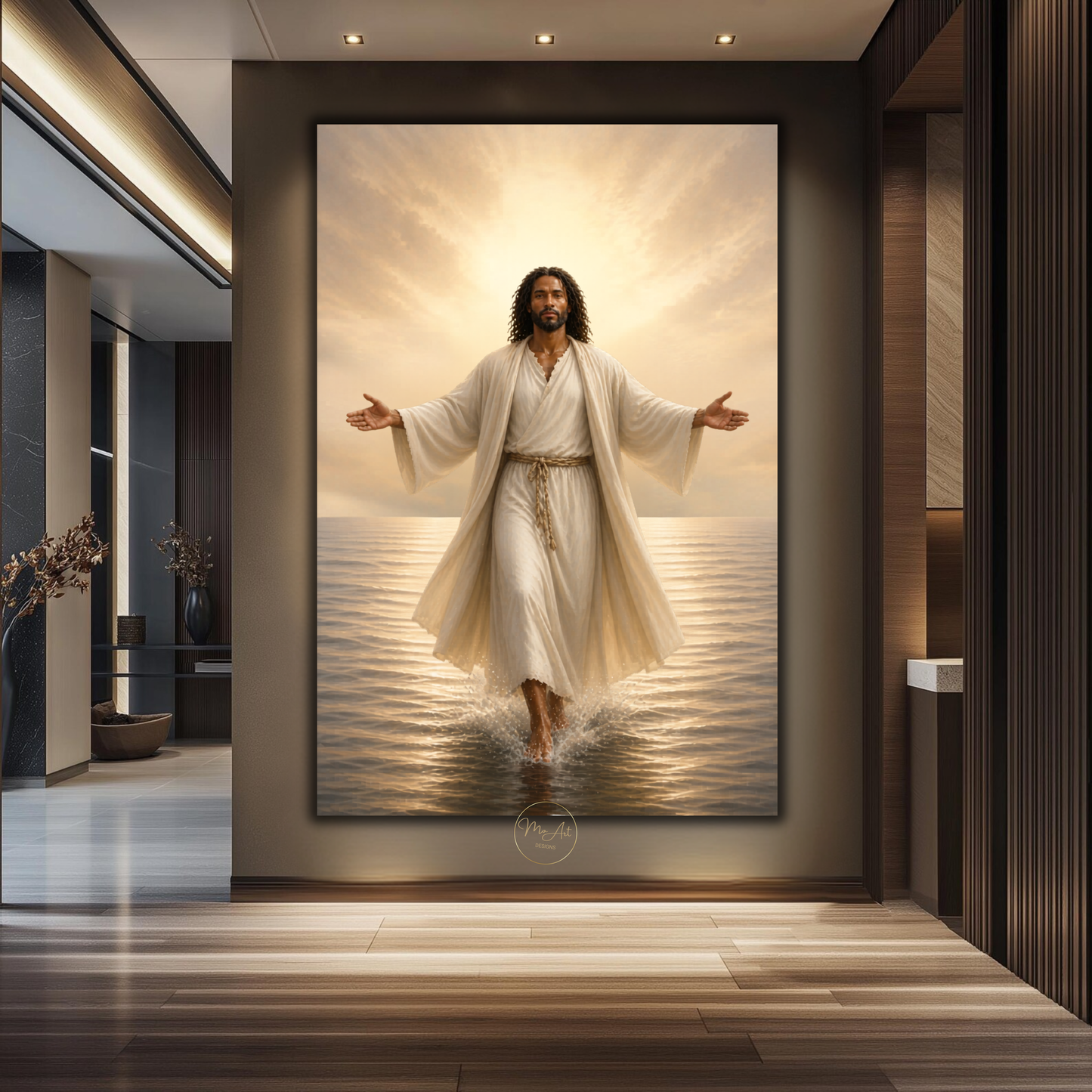 Black Jesus Wall Art - Jesus Walking on Water / Afrocentric Spiritual Canvas Print in Neutral Tones