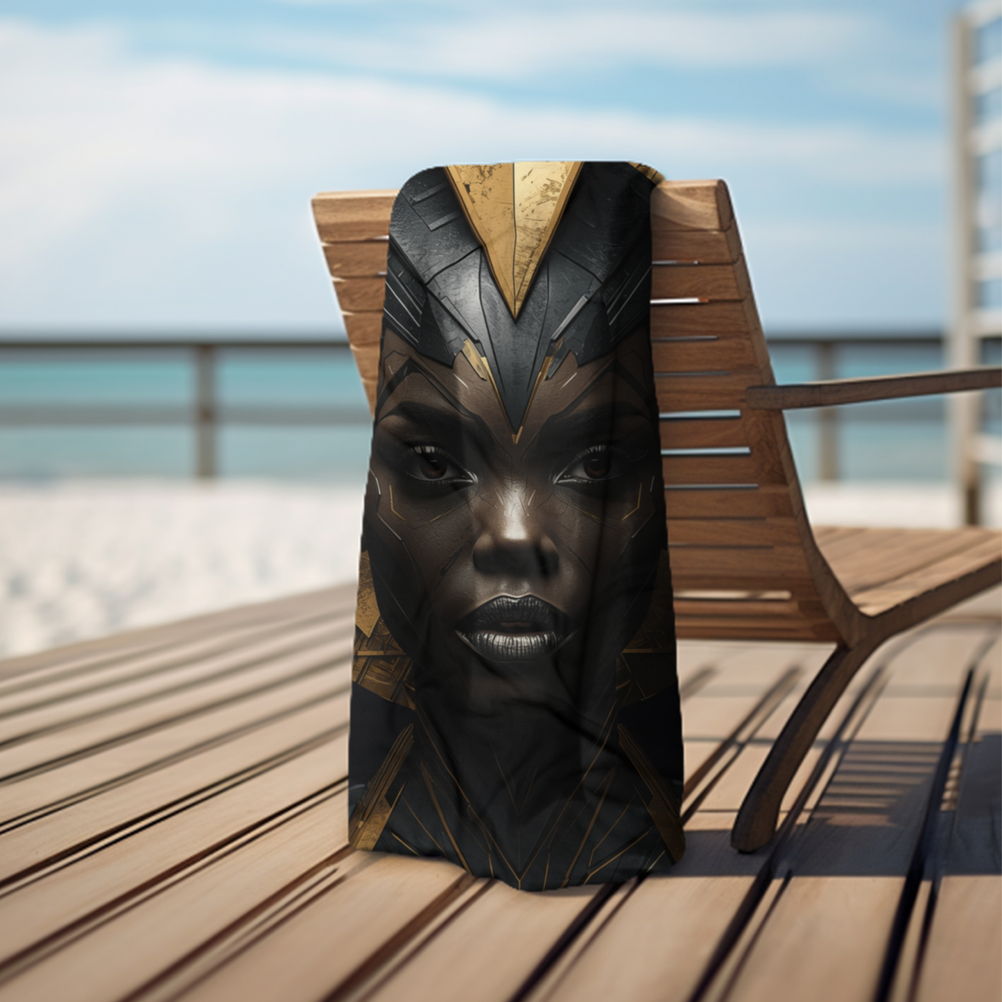 Black Woman Beach Towel / Bold African Warrior Goddess | Premium Black & Gold