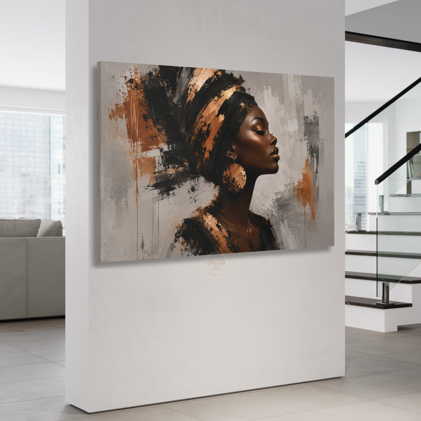 Black Woman Wall Art – Opulent Black & Copper Afrocentric Abstract Canvas Print