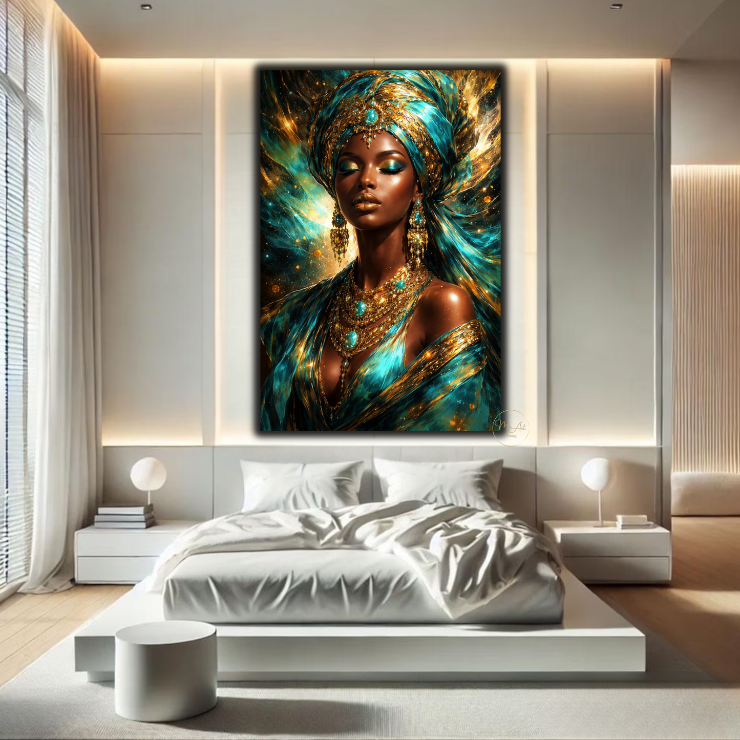 Black Woman Wall Art – Elegant Afrocentric Turquoise & Gold Abstract Canvas Print