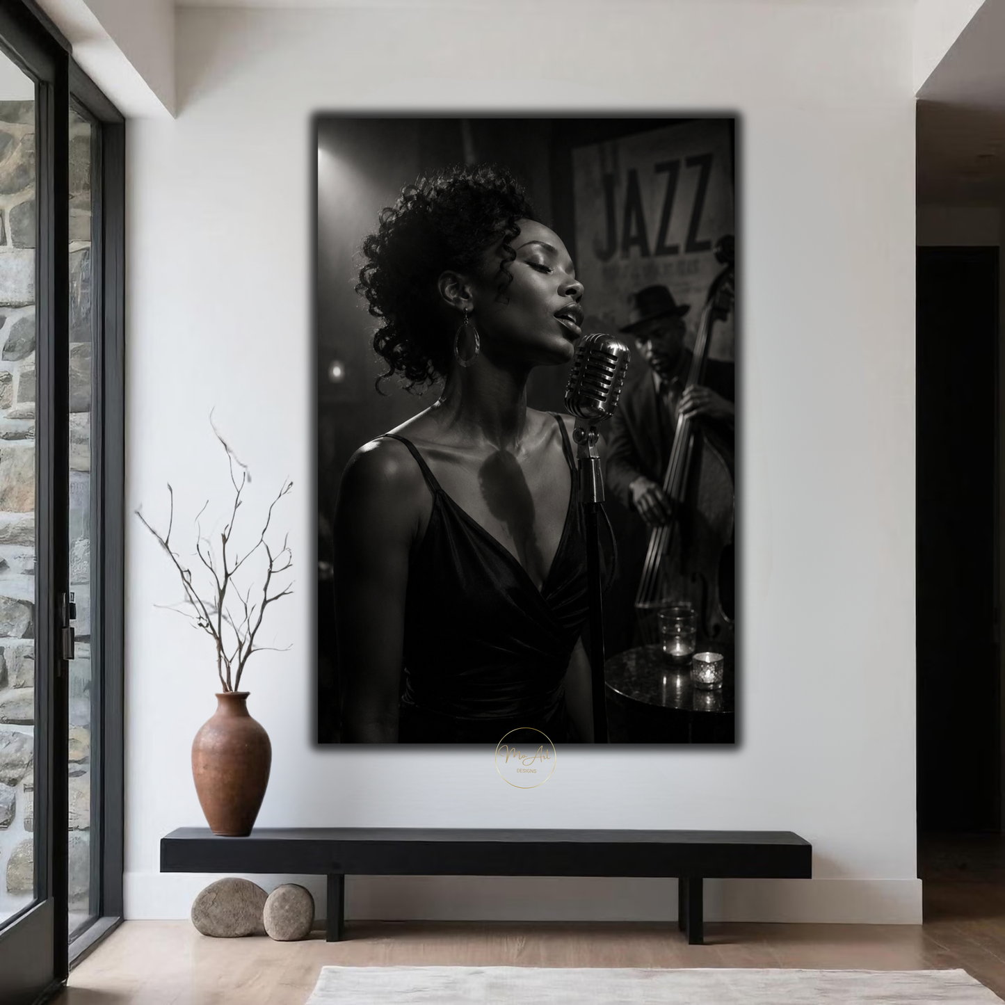 Black Woman Wall Art – Soulful Jazz Singer Canvas Print | Black & White Afrocentric Art