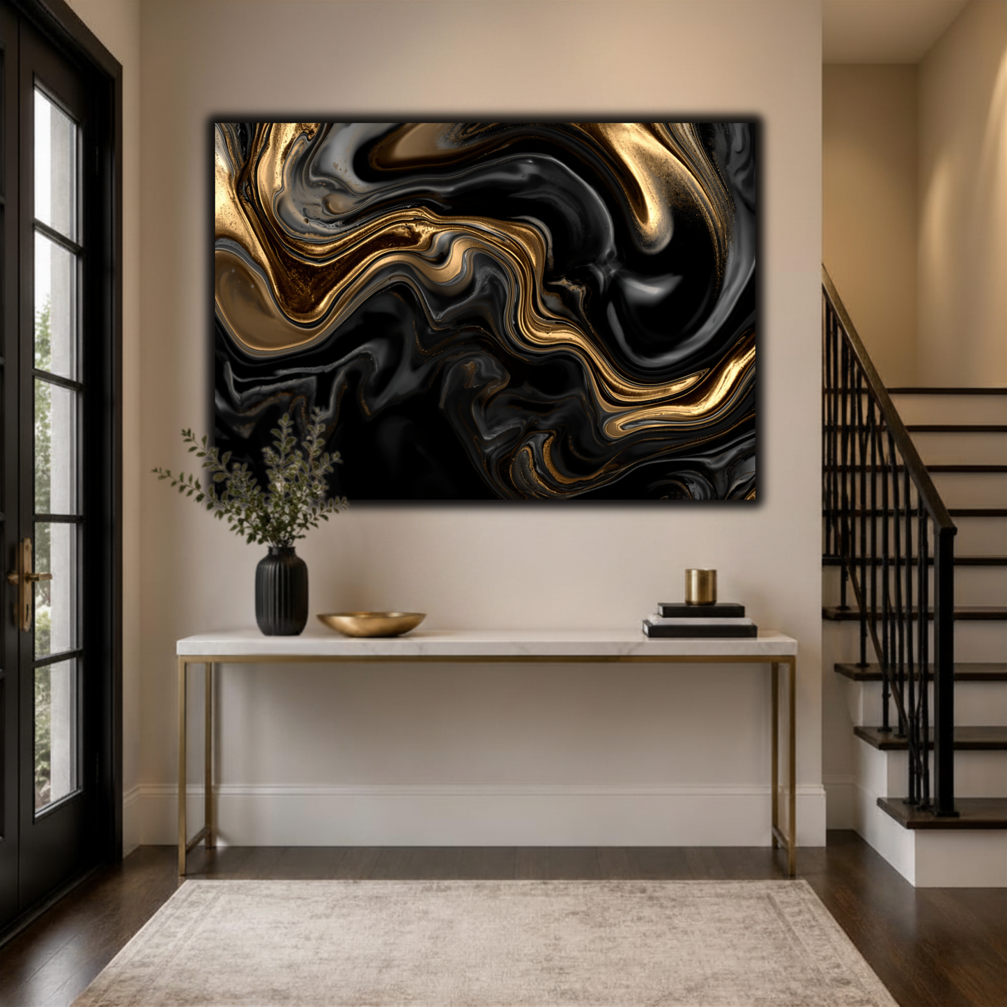 Black & Gold Abstract Wall Art Canvas – Luxury Liquid Marble Modern Art Print | Elegant Black Gold Home Decor