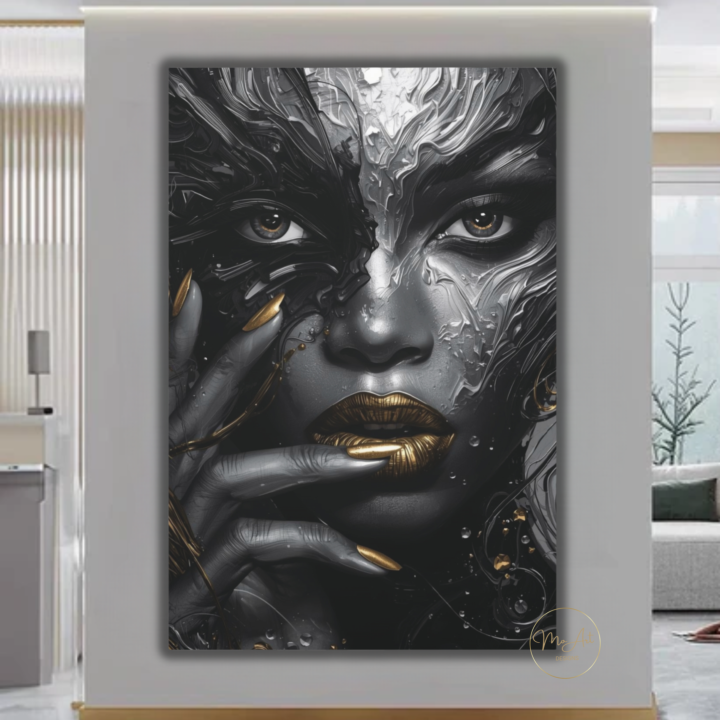 Black Woman Wall Art – Molten Beauty in Silver & Gold | Modern Luxury Canvas Print