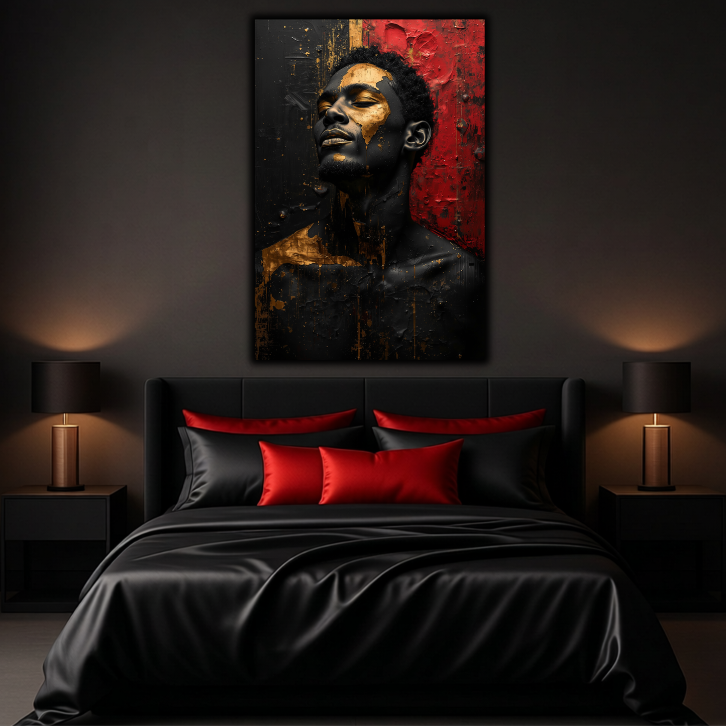 Black Man Wall Art - Afrocentric Abstract Canvas Print in Black, Gold & Red