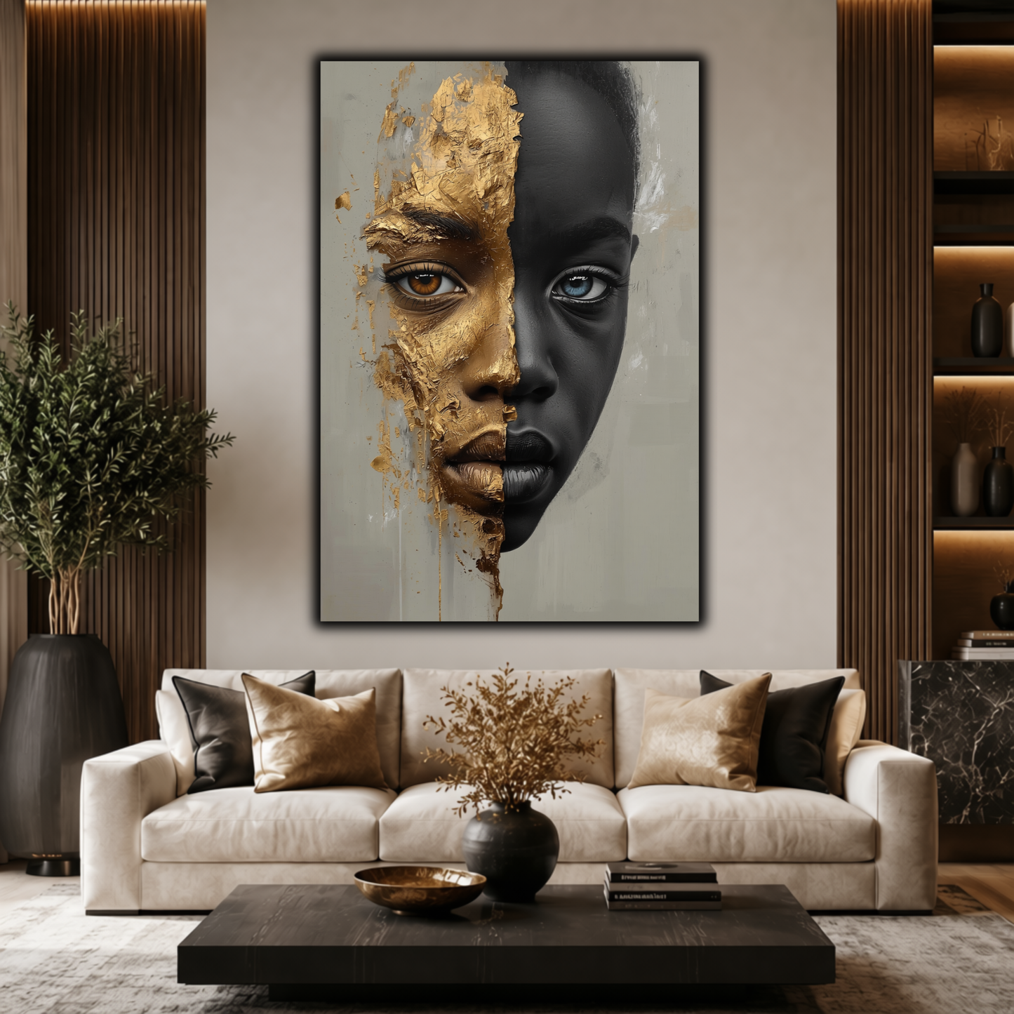 African American Child Wall Art – Black & Gold Abstract Portrait | Afrocentric Luxury Canvas Print