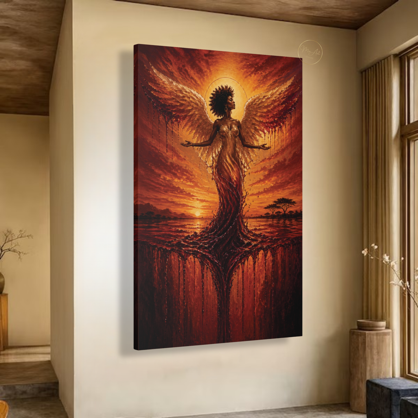Black Woman Wall Art – Divine Angel at Sunset | Afrocentric Abstract Canvas Print