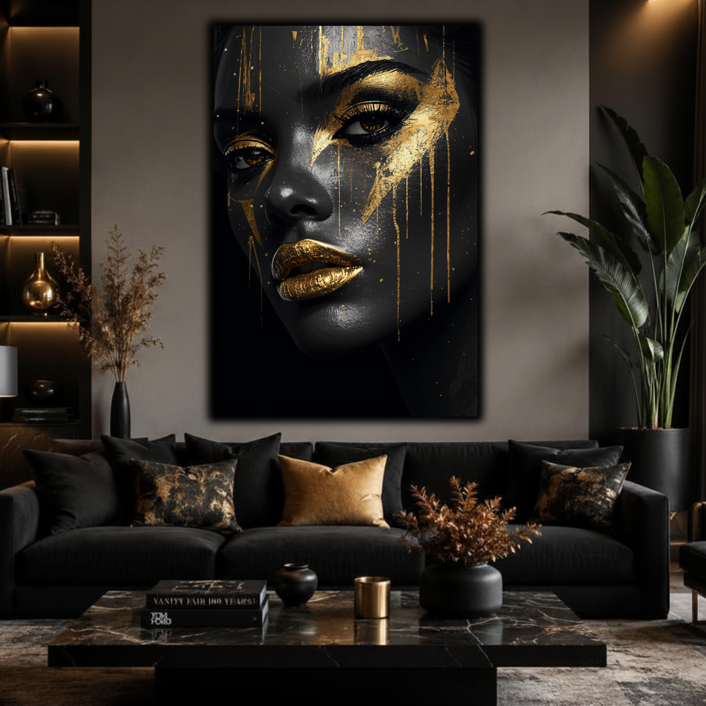 Black Woman Wall Art – Abstract Black & Gold Canvas Print | Luxury Afrocentric Wall Decor