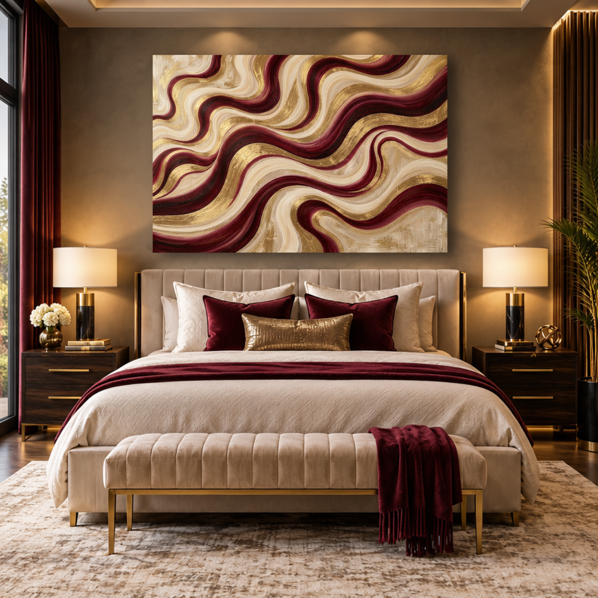 Flowing Waves – Burgundy & Gold Abstract Wall Art | Luxury Canvas Print