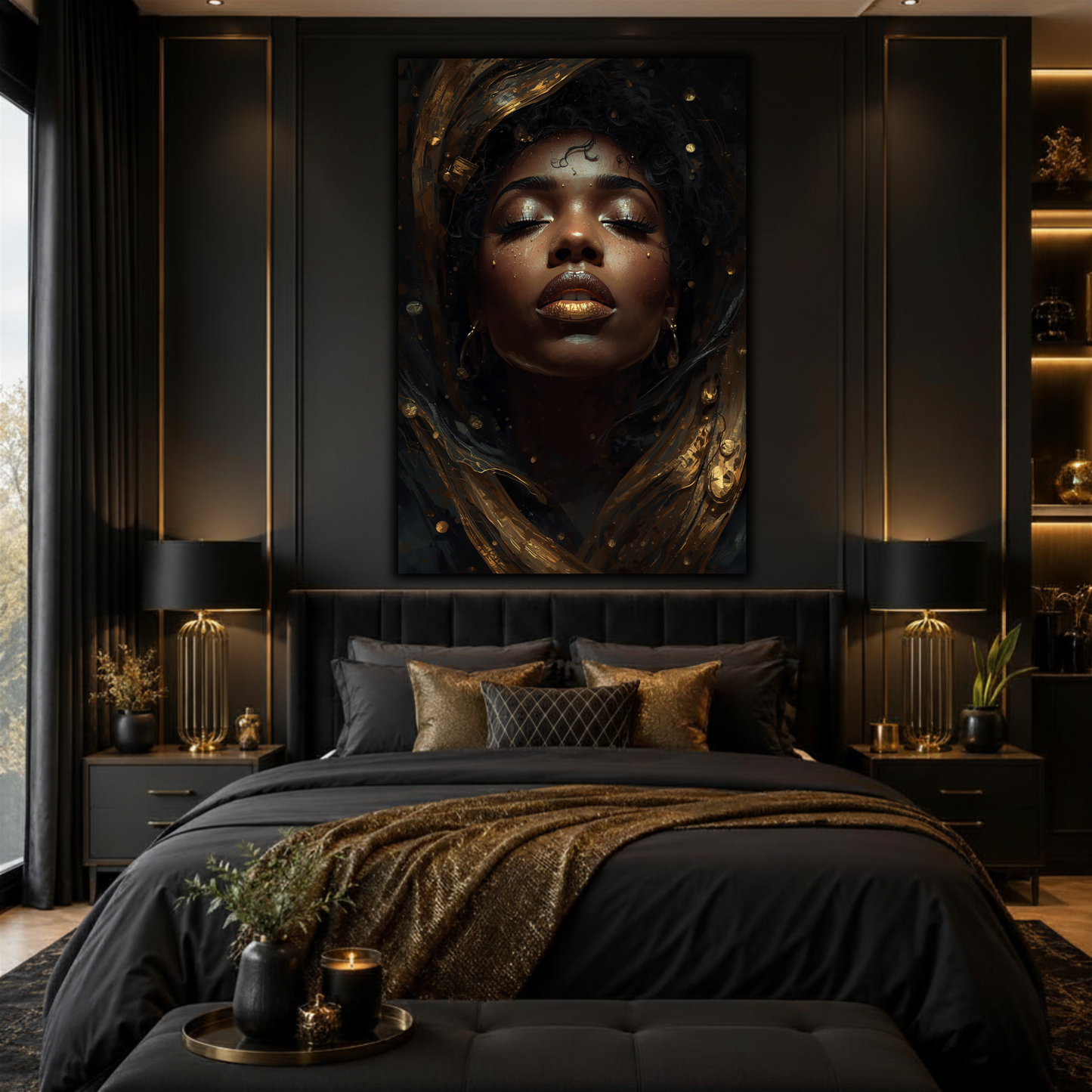 Black Woman Wall Art - Black & Gold Afrocentric Abstract Canvas Print