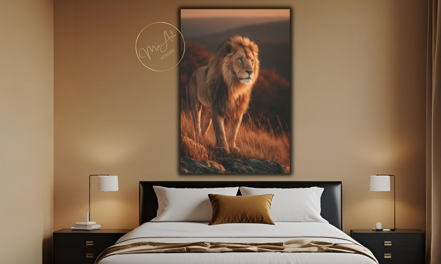 Majestic Lion Canvas Wall Art – Regal Wildlife Print at Sunset