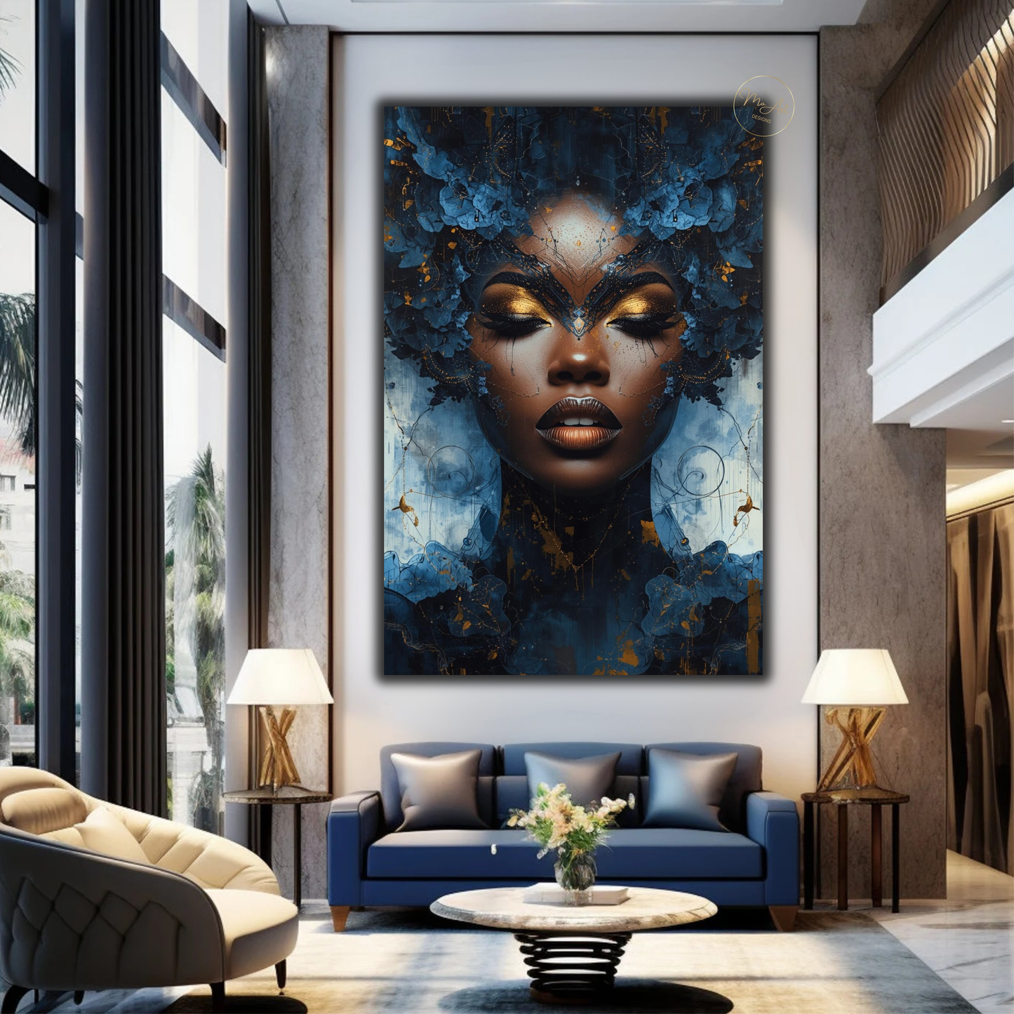 Afrocentric Black Woman Wall Art – Blue and Gold Abstract Canvas Print