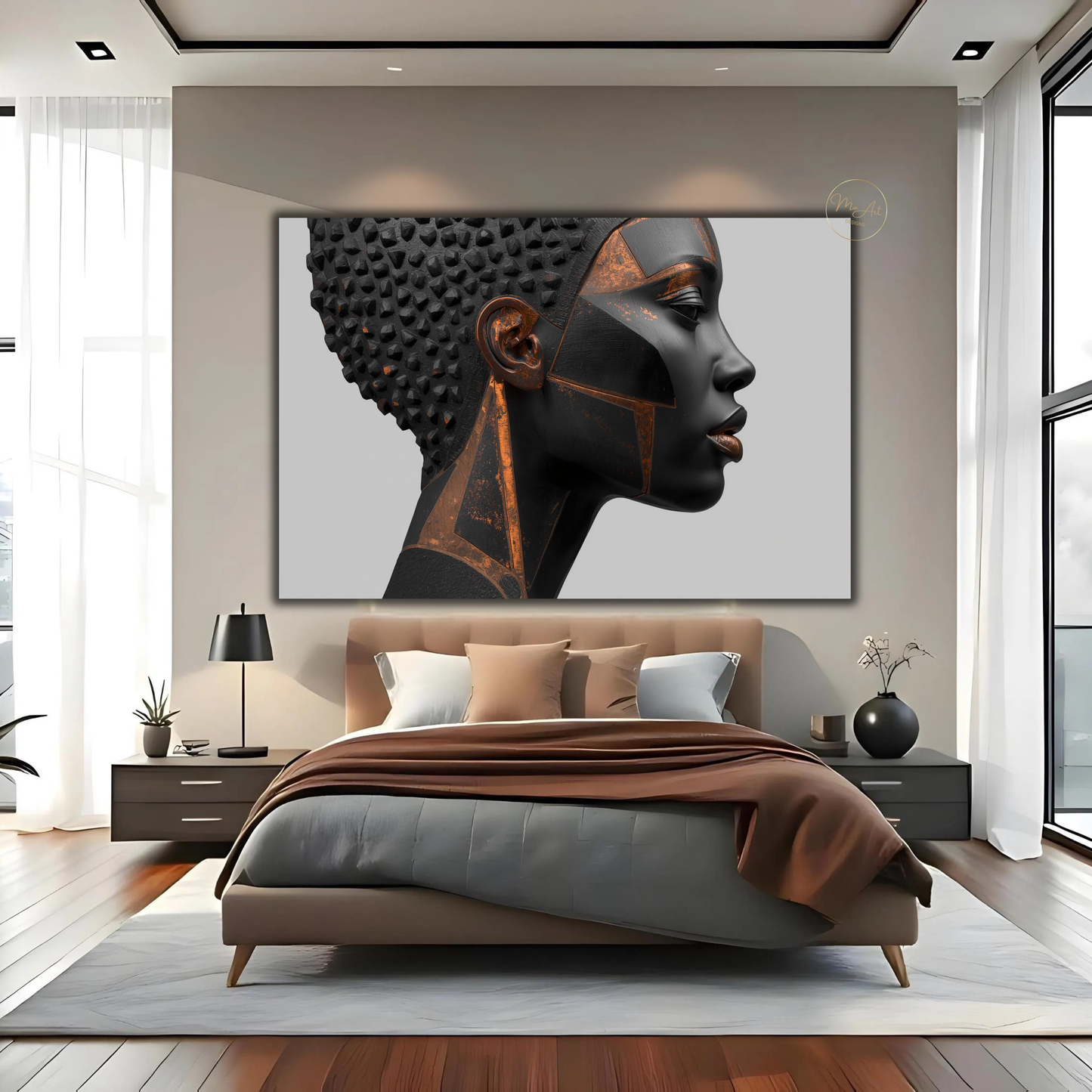 Black Woman Wall Art – Afrocentric Black & Copper Abstract Canvas Print