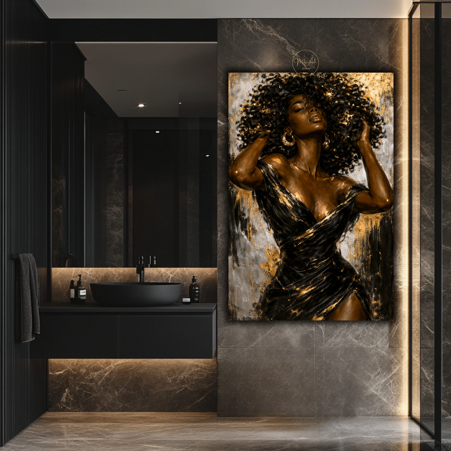 Black Woman Wall Art – Sensual Afrocentric Black, Gold & Silver Abstract Canvas Print