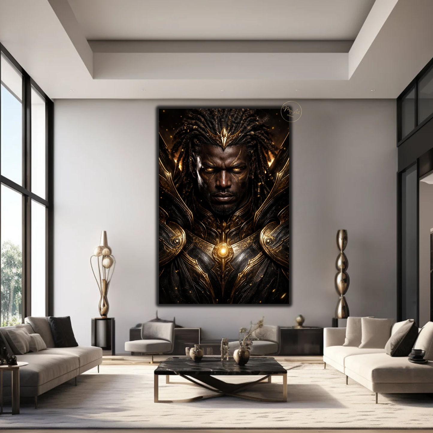 Black Warrior Wall Art – Powerful Afrocentric King in Black & Gold Armor Canvas Print