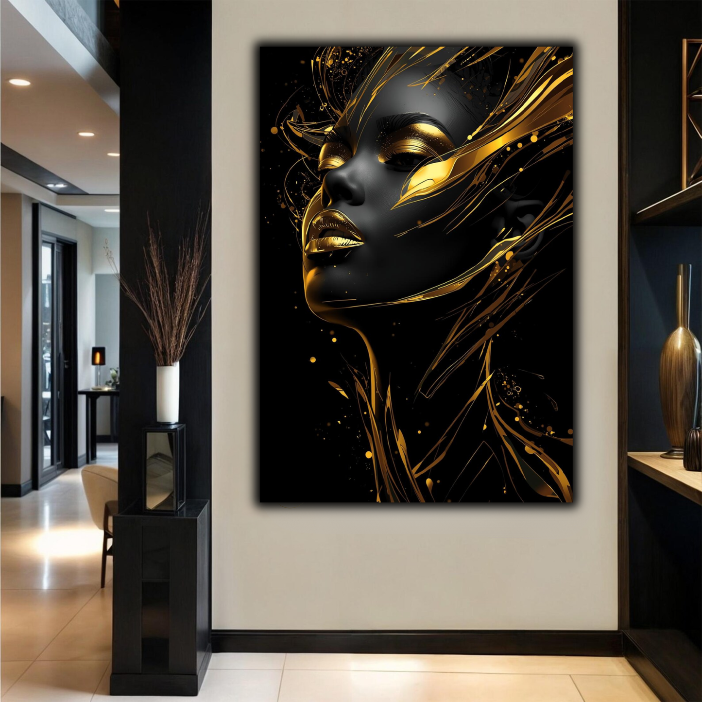 Black Woman Wall Art – Black & Gold Abstract Afrocentric Canvas Print | Luxury Modern African American Art Decor
