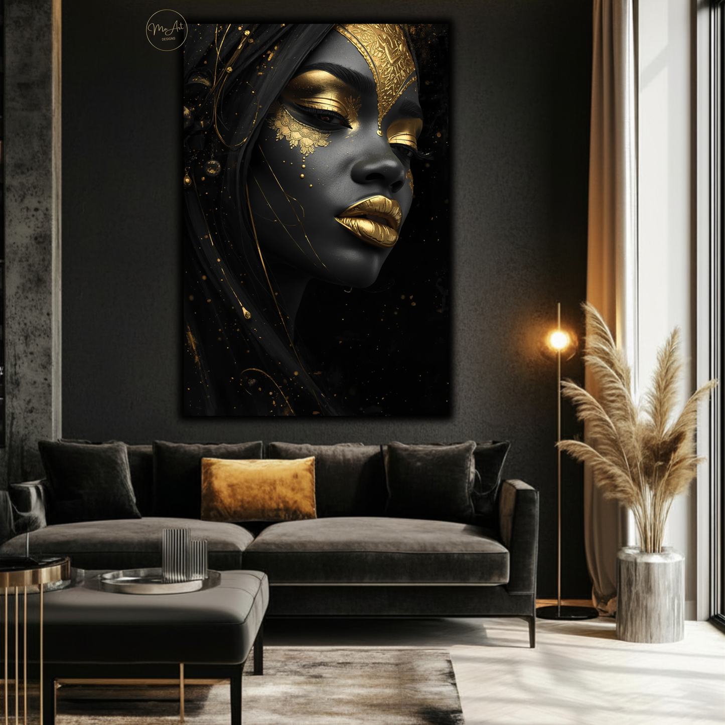 Black Woman Wall Art – Striking Gold & Black Beauty | Afrocentric Luxury Canvas Print