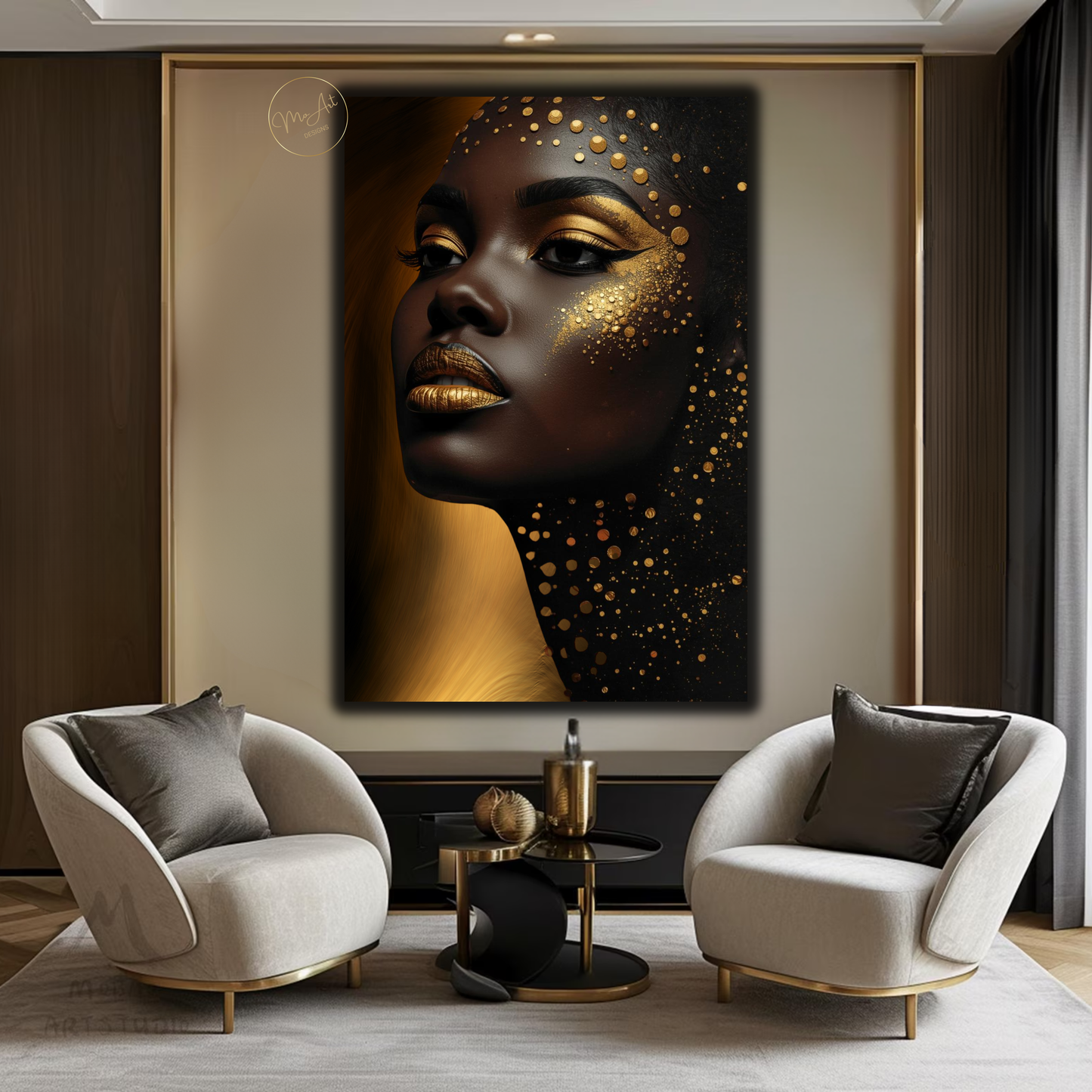 Golden Glow Black Woman Wall Art – Afrocentric Luxury Canvas Print