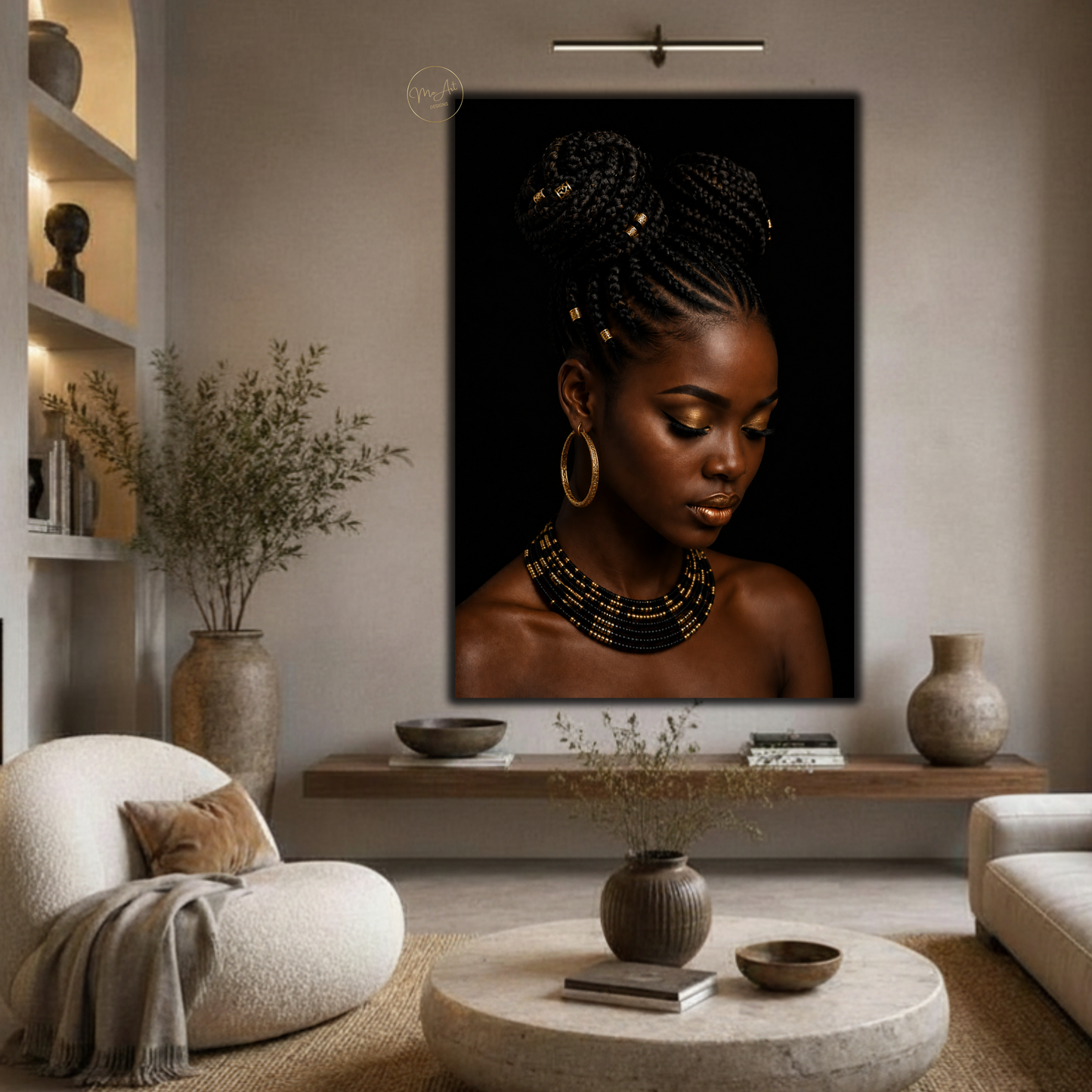 Black Woman Wall Art – Sophisticated Gold & Black Afrocentric Canvas  Print