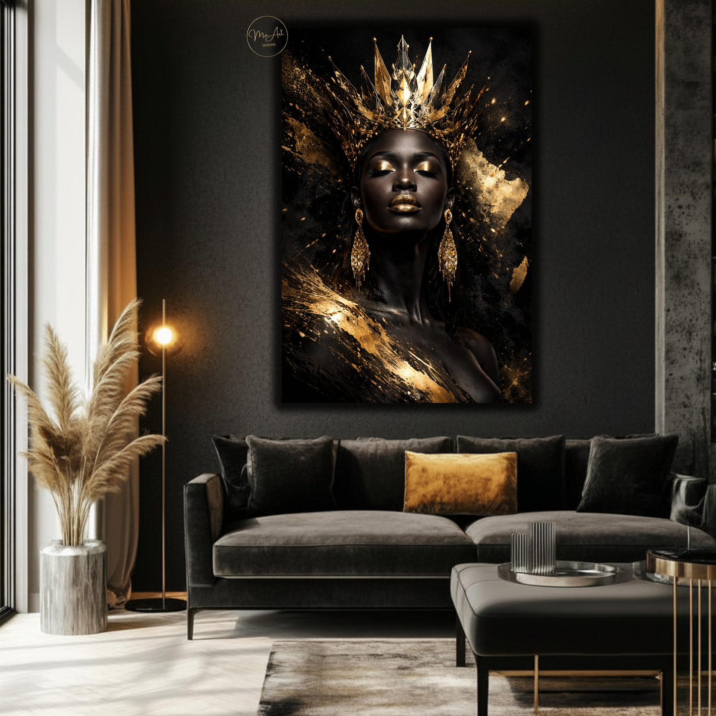 African Queen Black Woman Wall Art – Gold Crown Afrocentric Canvas Print