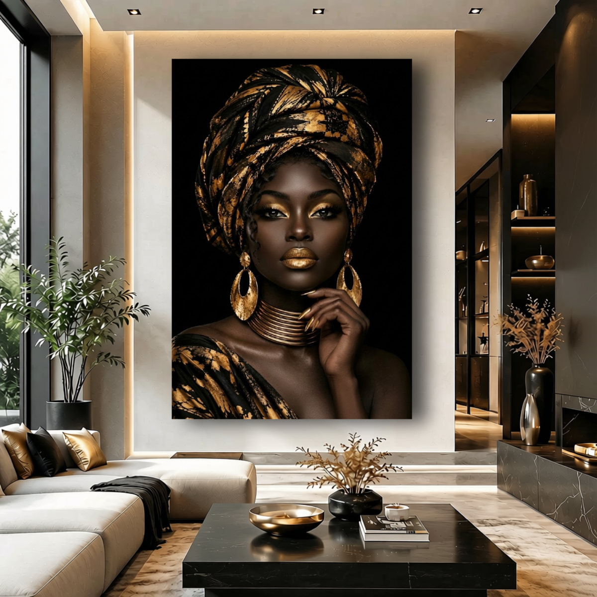 Black Woman Wall Art – Regal Essence | Black & Gold Afrocentric Canvas Print