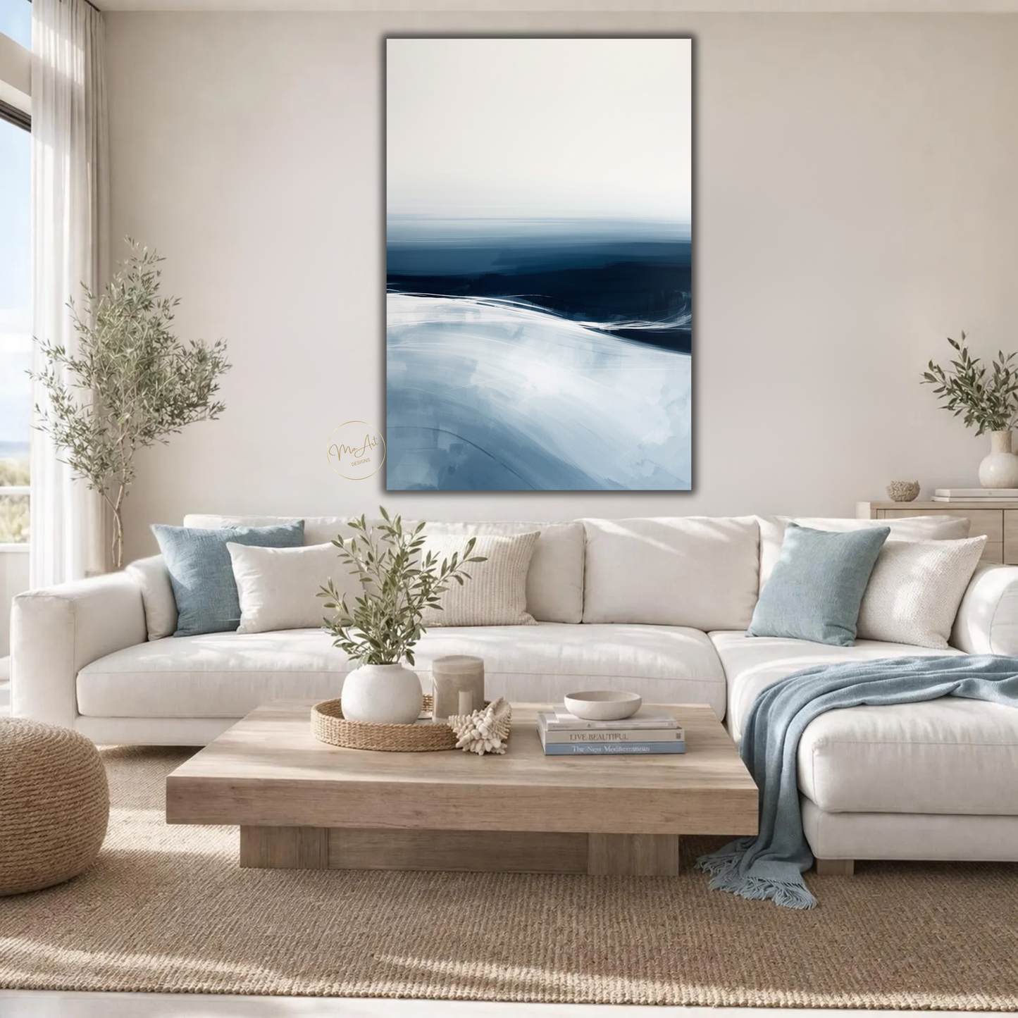 Blue Ocean Abstract Wall Art – Minimalist Coastal Canvas Print in Navy & White