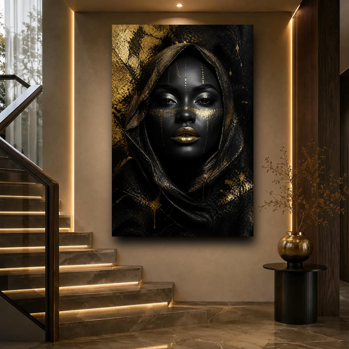Black Woman Wall Art – Obsidian Queen | Black & Gold Luxury Portrait Canvas Print