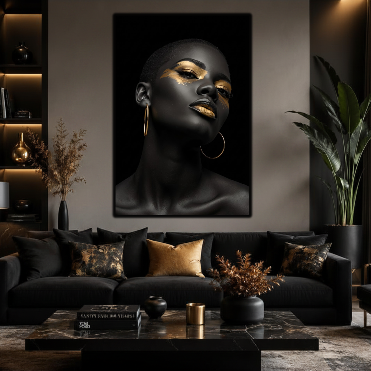 Black Woman Wall Art – Short Hair Queen | Black & Gold Afrocentric Canvas Print