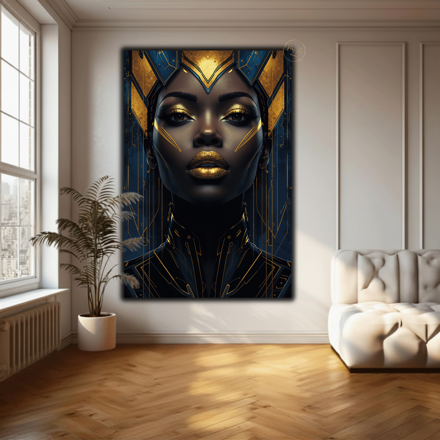 Black Woman Wall Art – Blue & Gold Afrocentric Queen Canvas Print