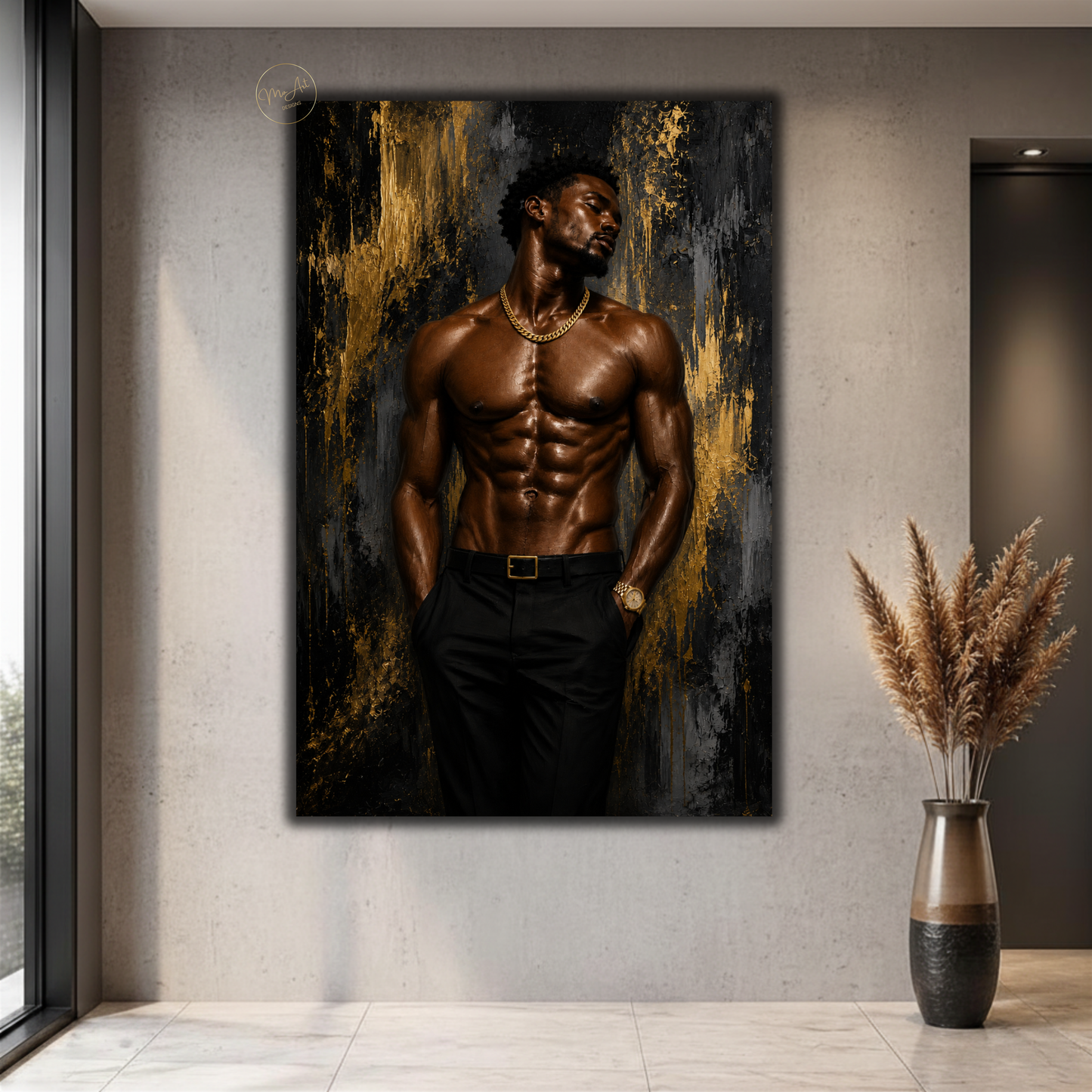Black Man Wall Art – Sensual Black & Gold Abstract Canvas Print | Modern Masculine Decor