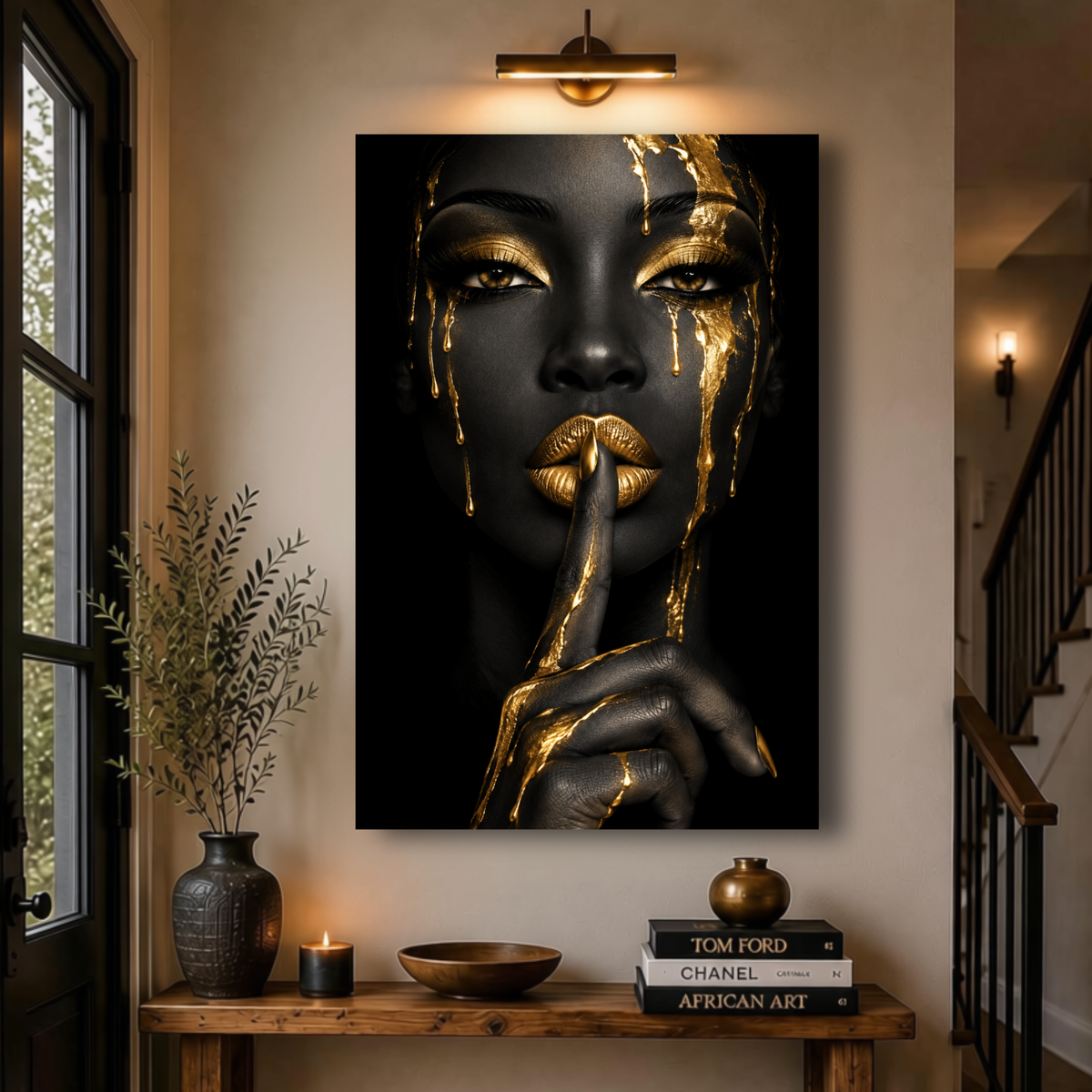 Black Woman Wall Art – Golden Whisper | Afrocentric Black & Gold Luxury Canvas Print