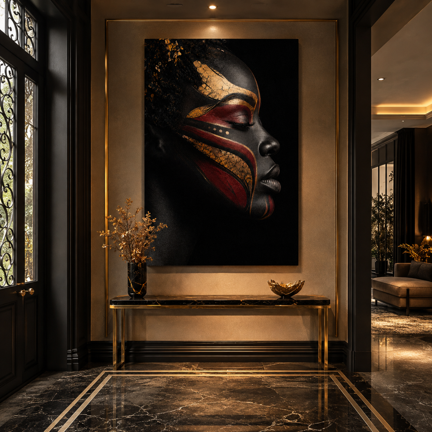 Black Woman Wall Art – Abstract Black, Gold & Burgundy Canvas Print | Luxury Afrocentric Wall Decor