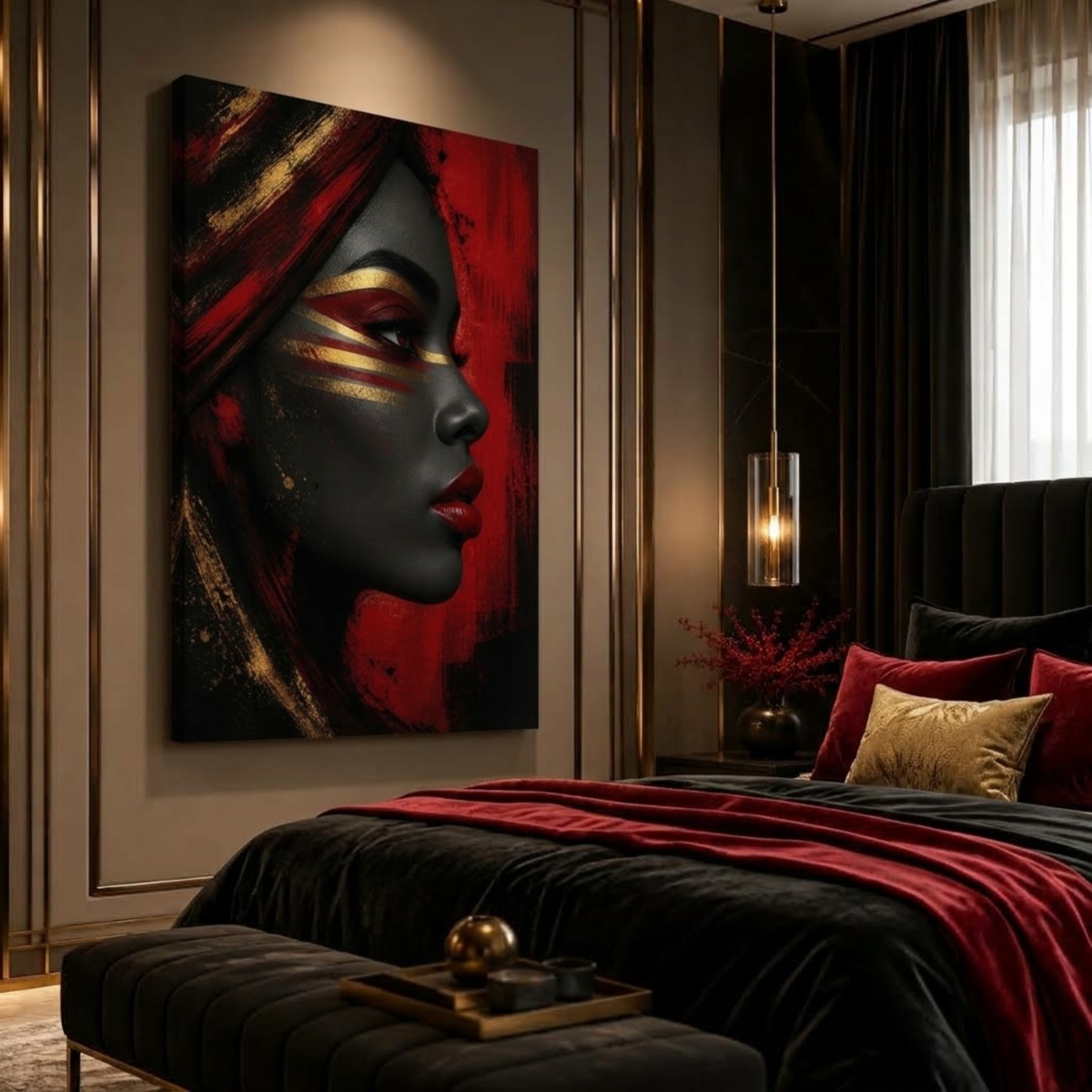 Black Woman Wall Art – Afrocentric Red, Black & Gold Portrait Canvas Print | Luxury Home Decor