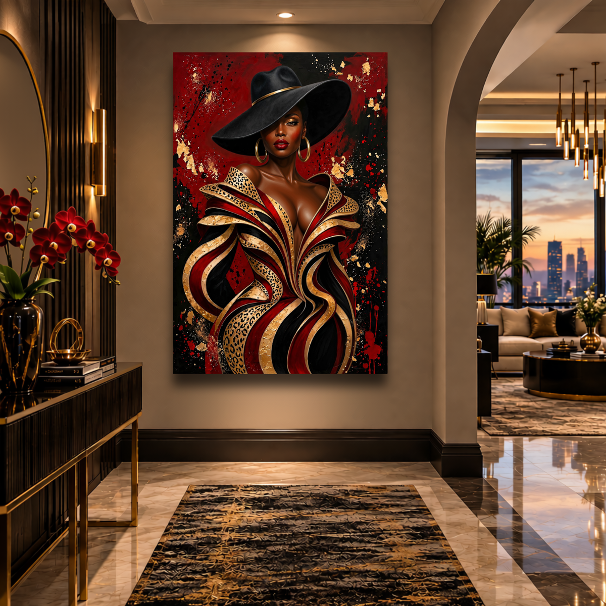 Black Woman Wall Art - Seductive Glamour | Red, Black & Gold Leopard Print Afrocentric Canvas Print