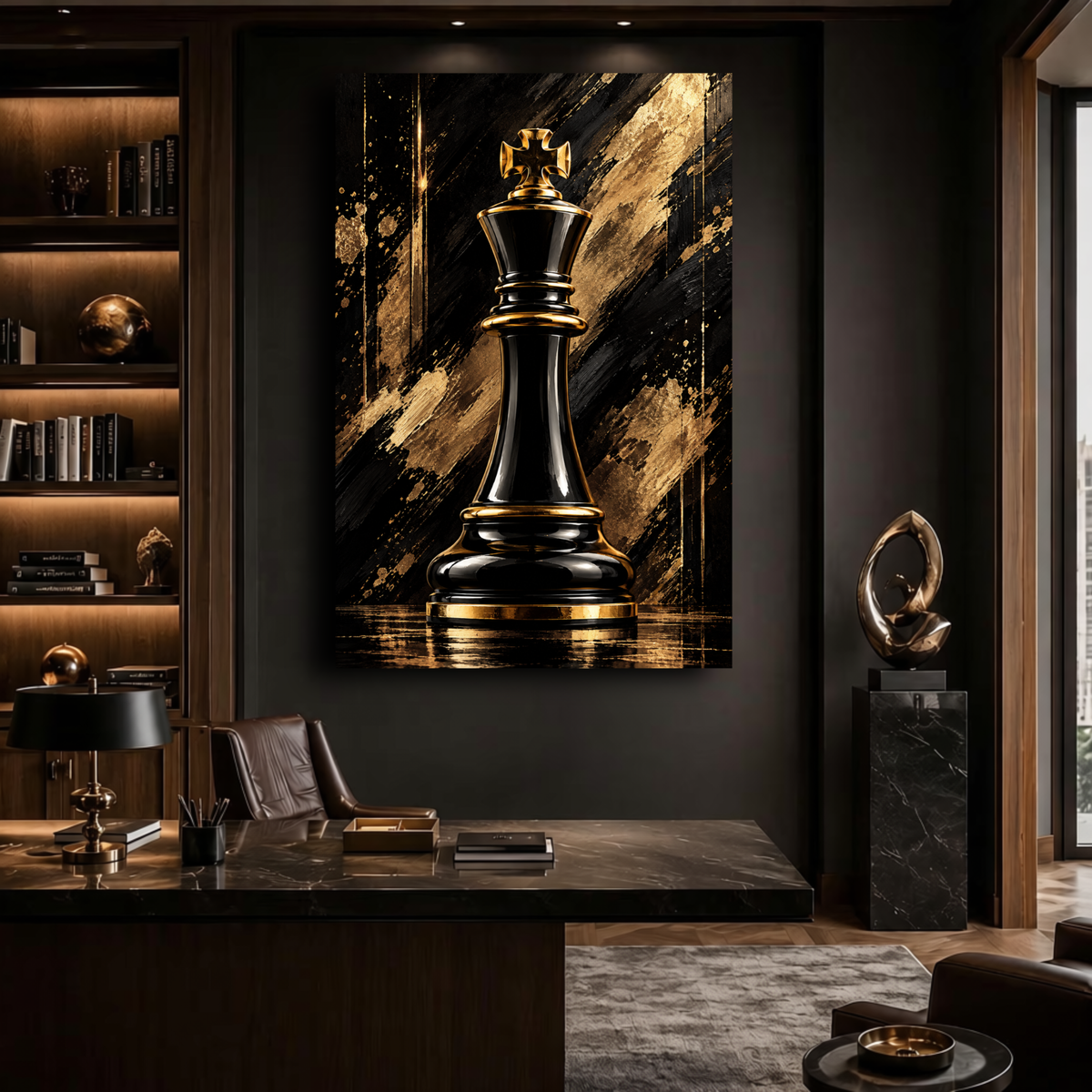 Black & Gold King Chess Piece Wall Art | Luxury Abstract Chess Canvas Print