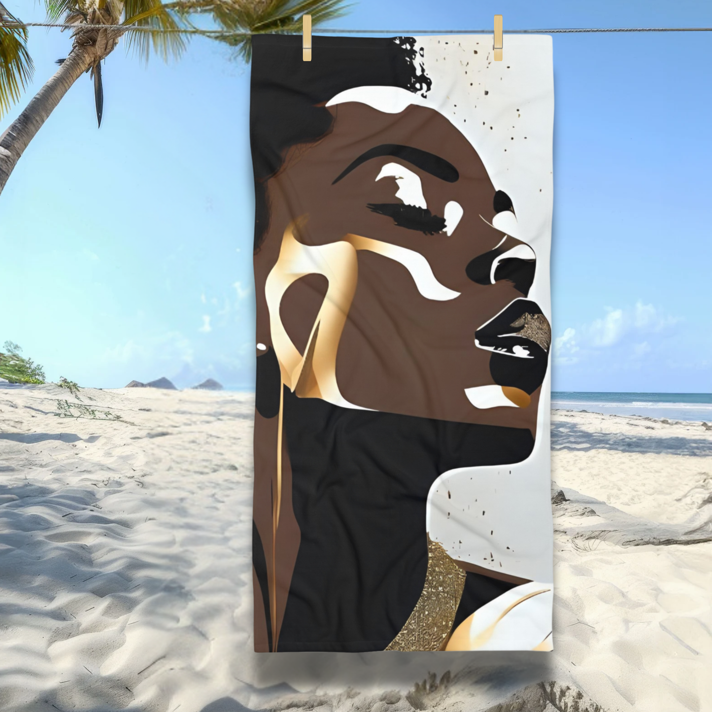 Black Woman Beach Towel | Elegant Afrocentric Gold & Neutral Abstract | (30” x 60” / 36” x 72”)