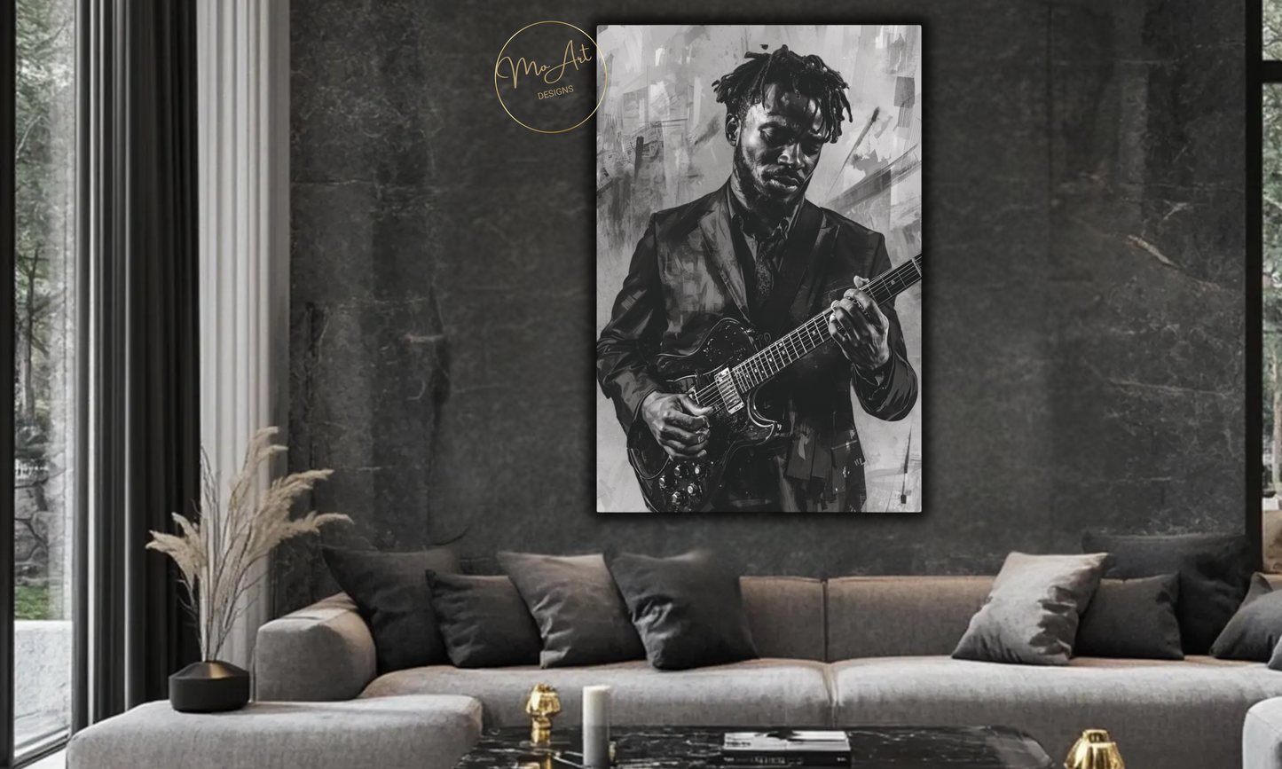 Soulful Strings - Black Guitarist - Canvas Wall Art