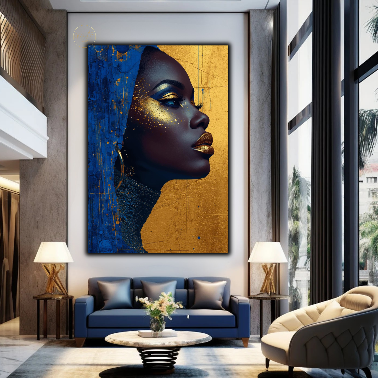 Black Woman Wall Art – Royal Blue & Gold Abstract Afrocentric Beauty Canvas Print