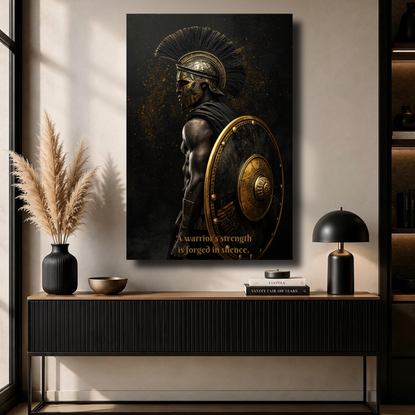 Spartan Warrior Motivational Quote Canvas Print | "Forged in Silence" Black & Gold Wall Art